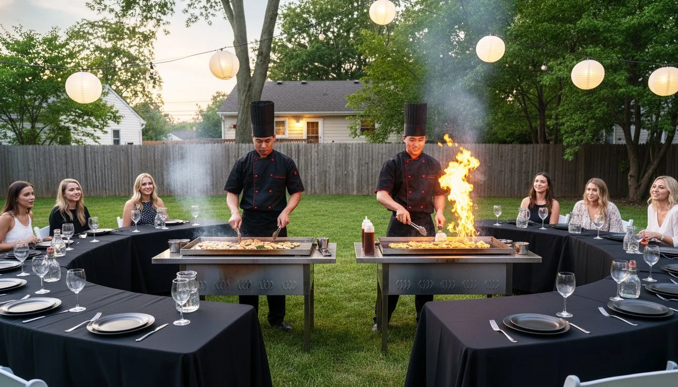 Professional chefs host a private outdoor dinner party featuring backyard hibachi in Staten Island with a fire show.
