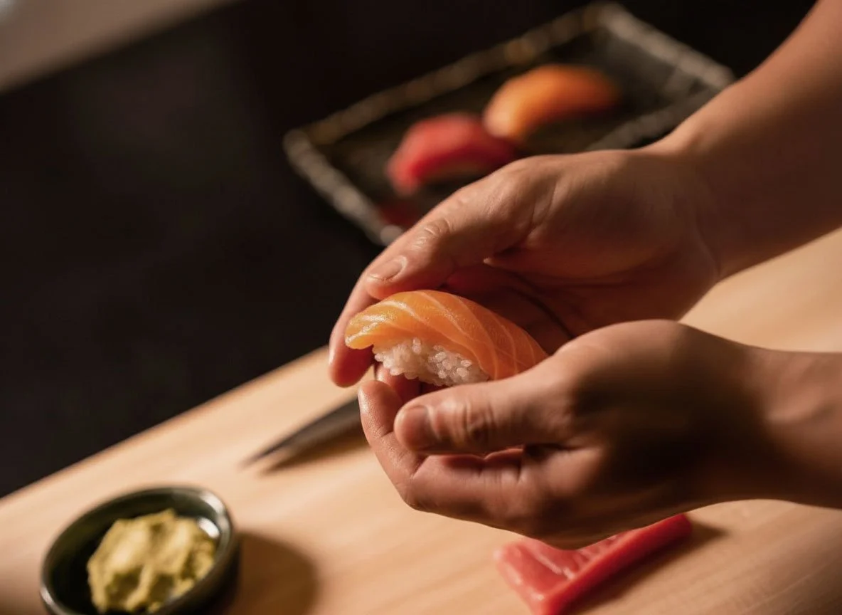 A professional sushi chef crafts fresh salmon nigiri by hand, a highlight of authentic and refined Omakase journeys.