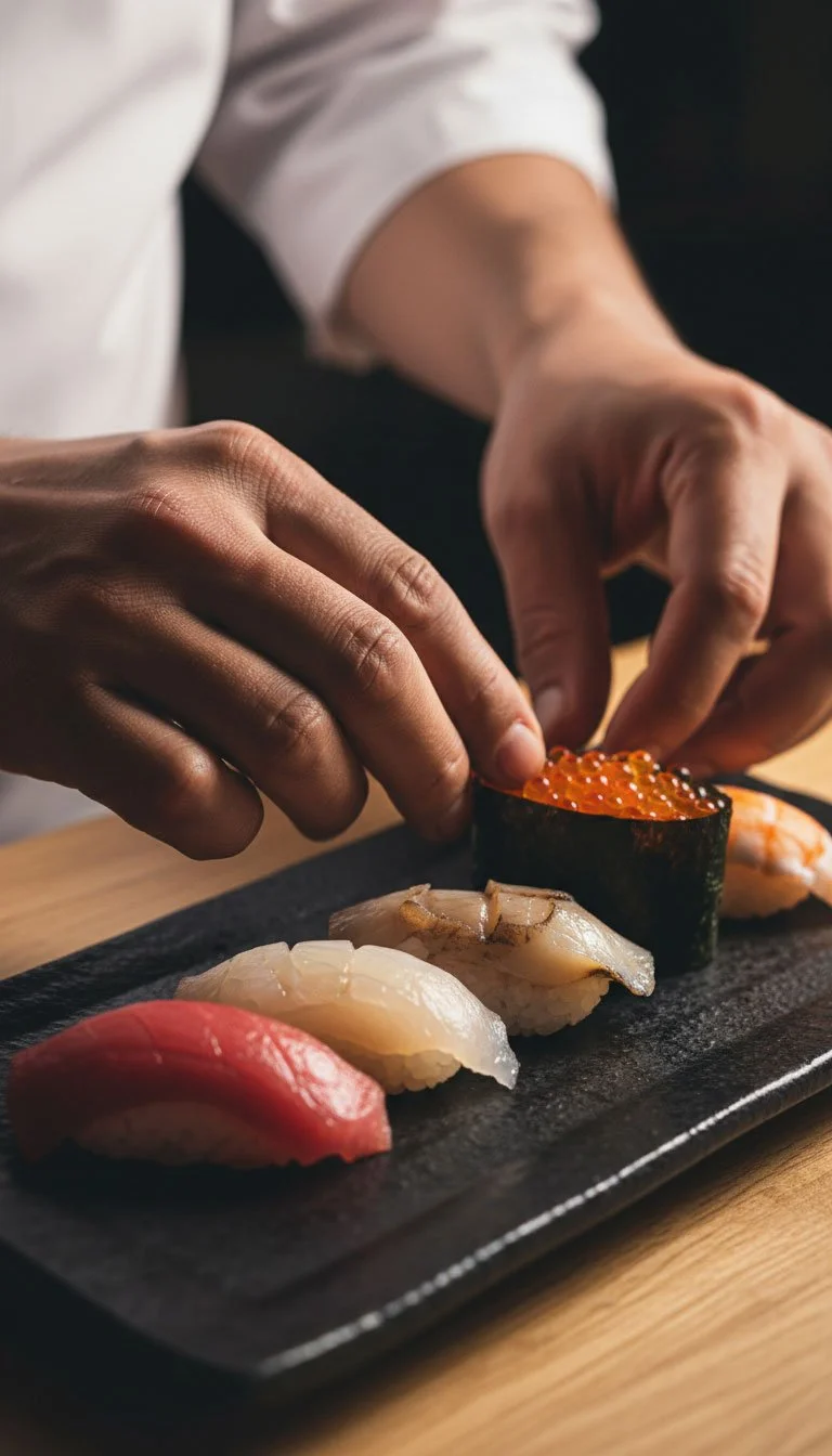 Professional chef plating fresh nigiri sushi and salmon roe for an authentic omakase in Staten Island experience.