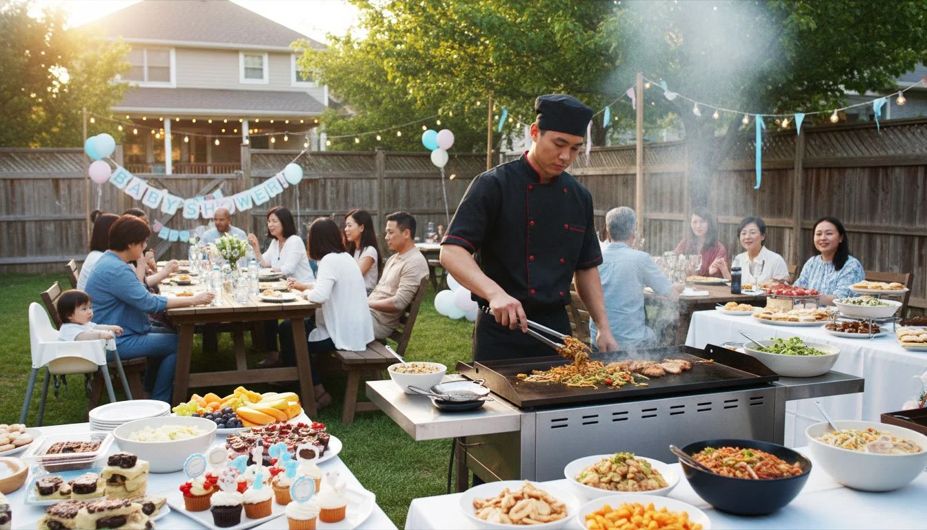 Professional chef cooking backyard hibachi in Staten Island for guests during a festive outdoor birthday party.