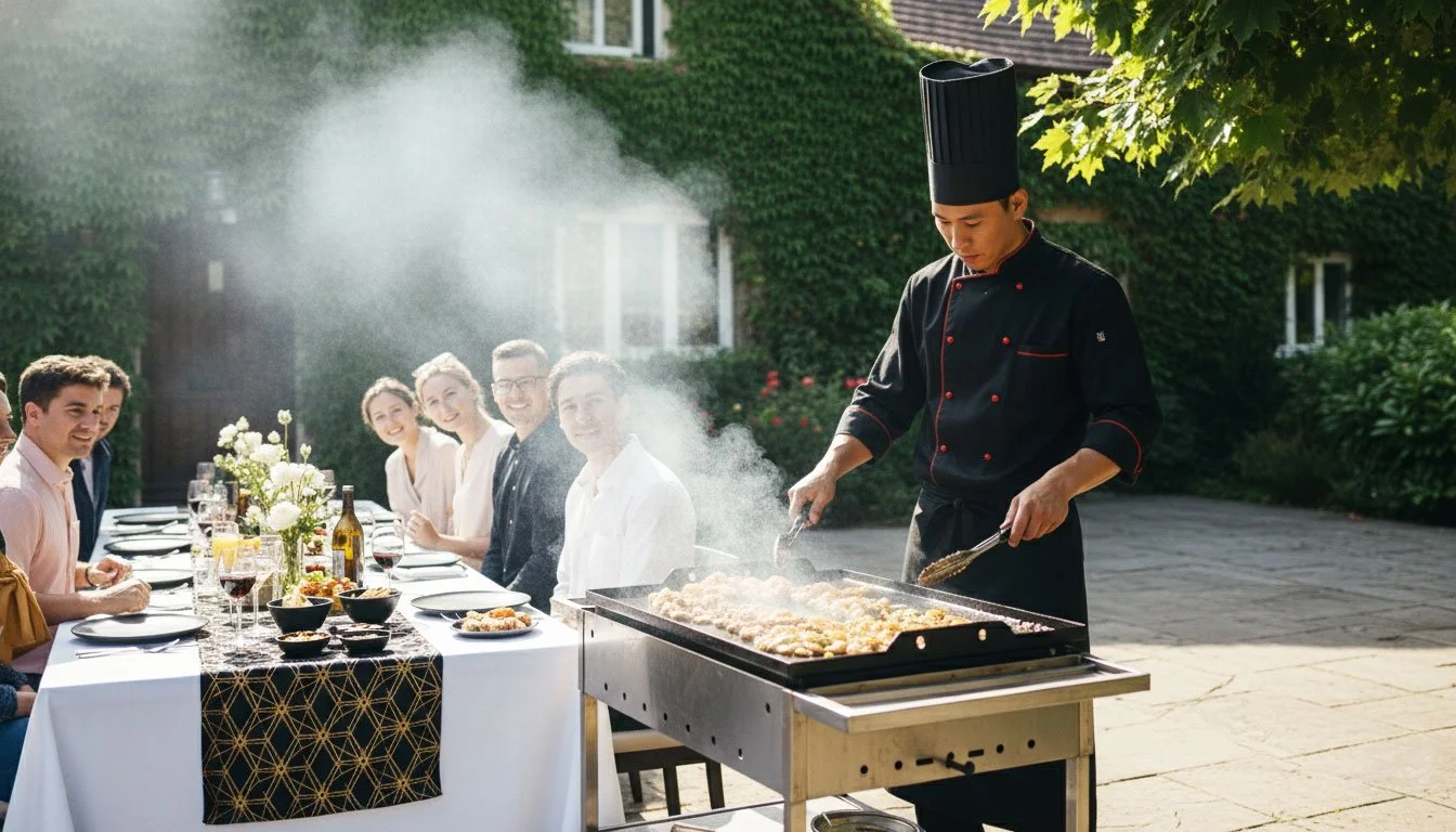 Professional chef cooking backyard hibachi in Staten Island for guests seated at an elegantly decorated outdoor table.