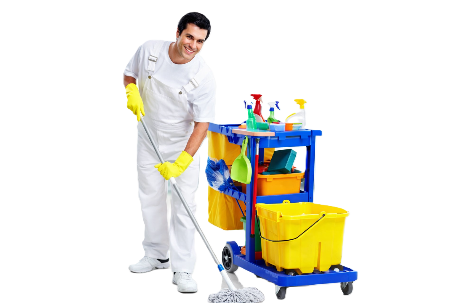 A male janitor cleaning the floor with a mop next to a colorful cleaning cart filled with spray bottles, cleaning tools, and supplies.