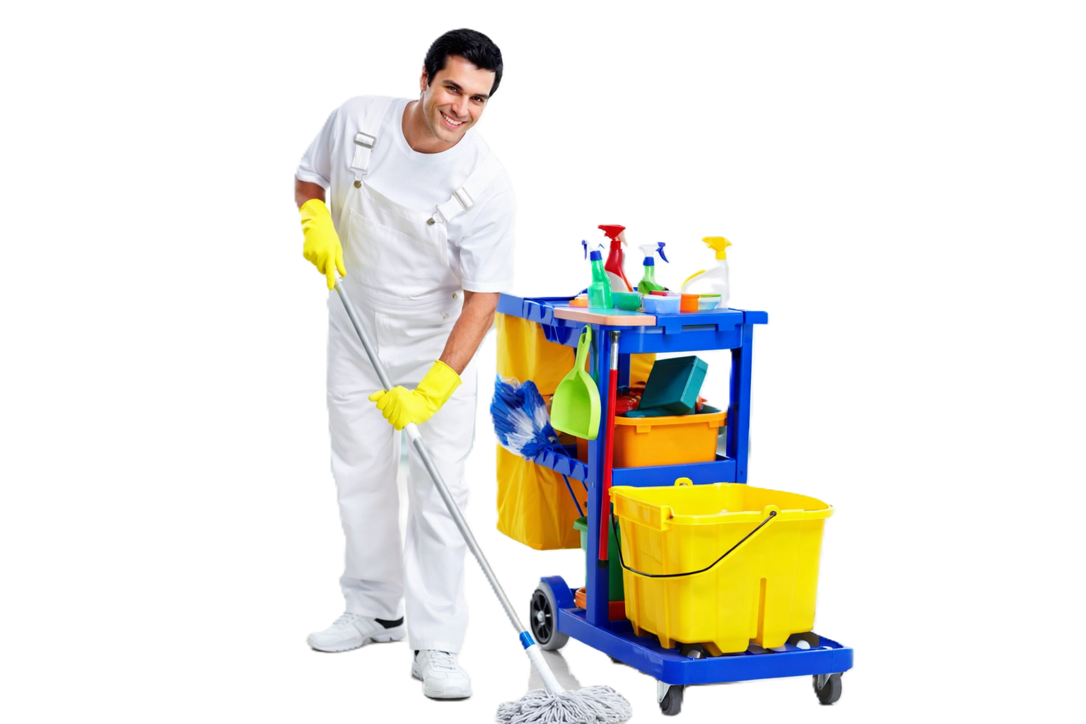 A man in a white uniform and yellow cleaning gloves smiling while cleaning with a mop next to a blue cleaning cart filled with cleaning supplies and tools.