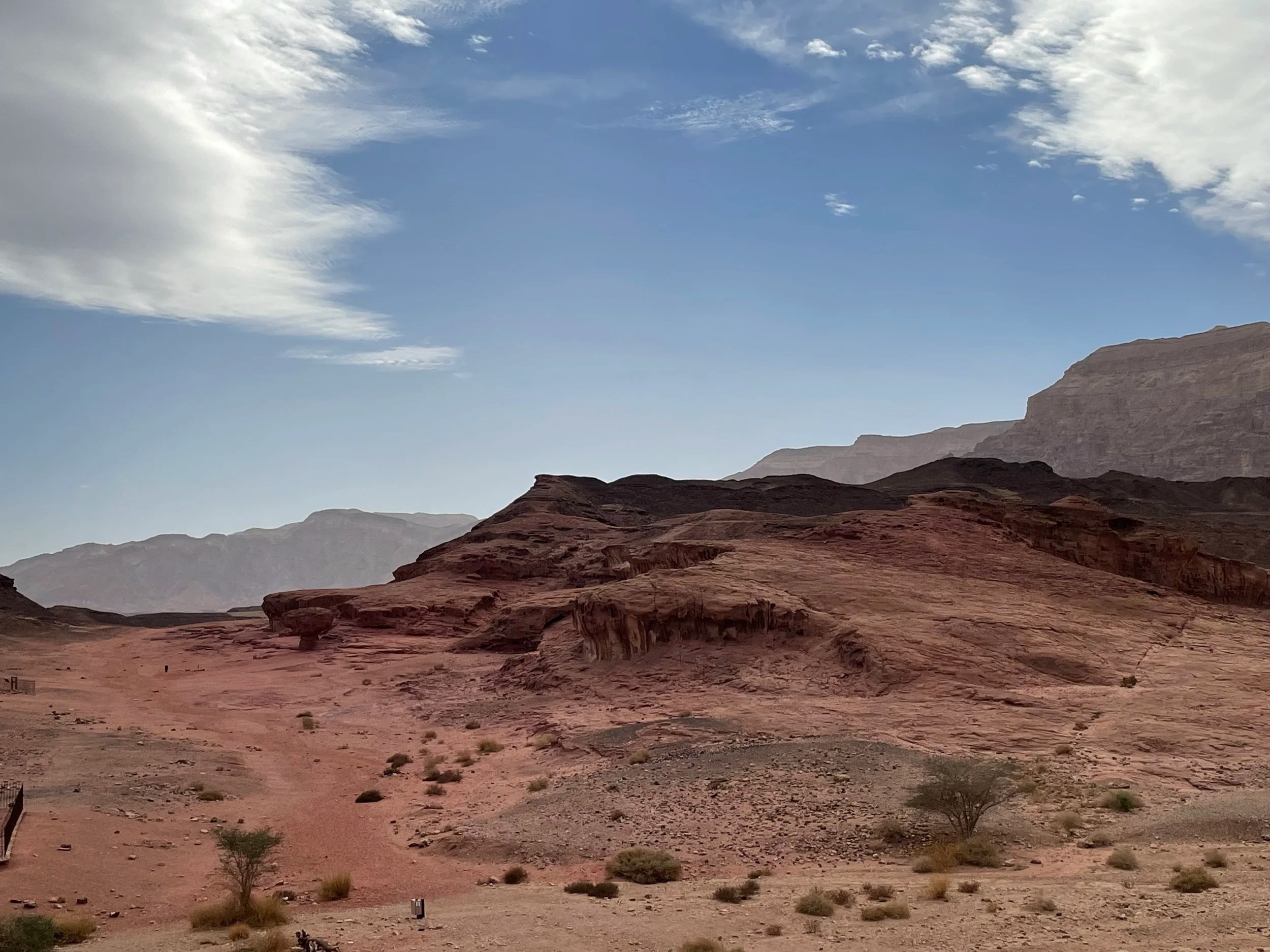 Desert landscape with reddish rock formations, sparse vegetation, and a clear blue sky with a few clouds.
