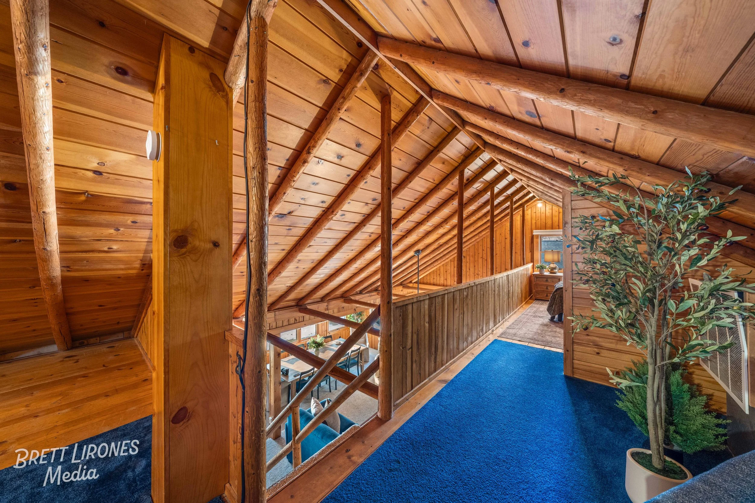 Wood-paneled attic room with sloped ceiling, wooden railing, potted plant, blue carpet, and a bedroom visible in the background.