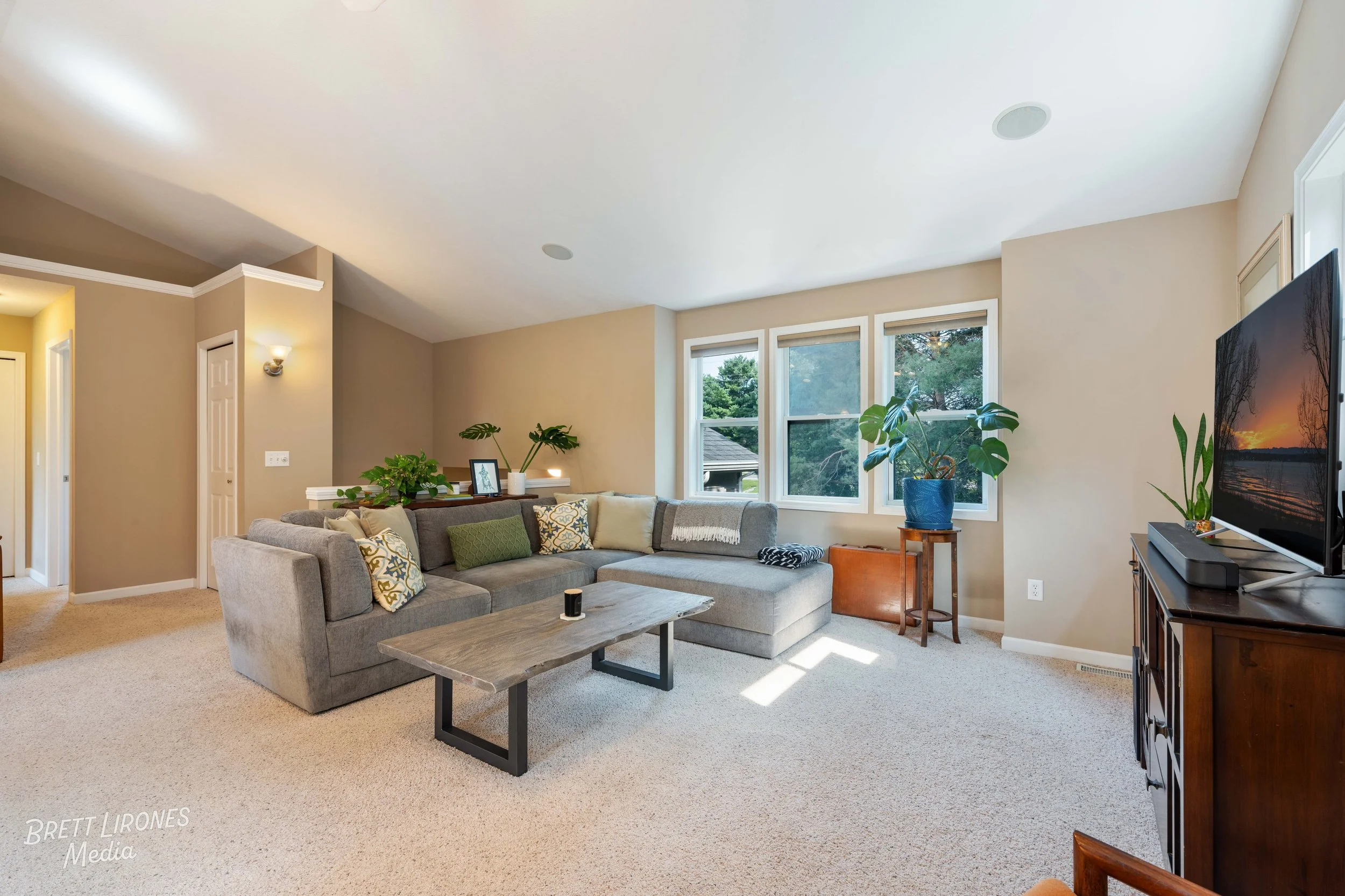 Bright living room featuring a gray sectional sofa, a wooden coffee table, a large flat-screen TV on a wooden stand, and several indoor plants near windows with a view of trees outside.