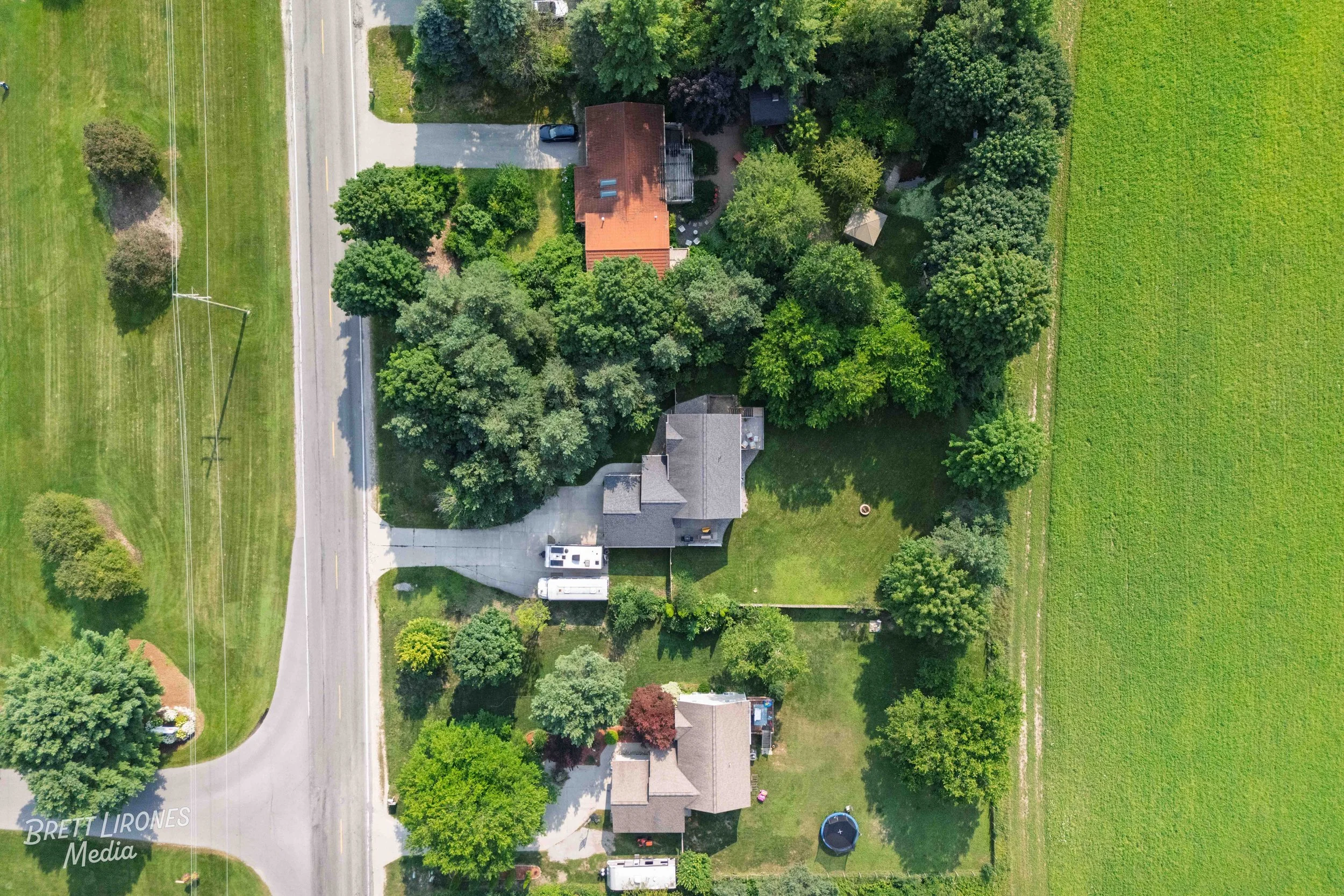 Aerial view of a suburban neighborhood with several houses surrounded by trees, with a large grassy field on the right and a street on the left.
