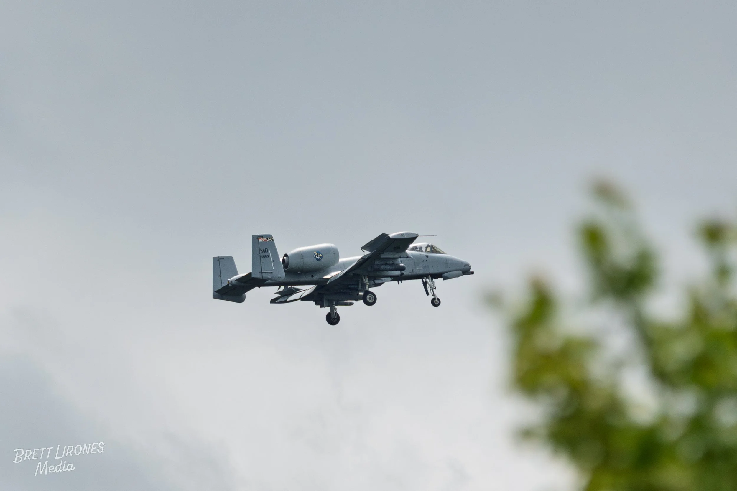Military fighter jet aircraft flying in the sky with blurred green tree in the foreground.