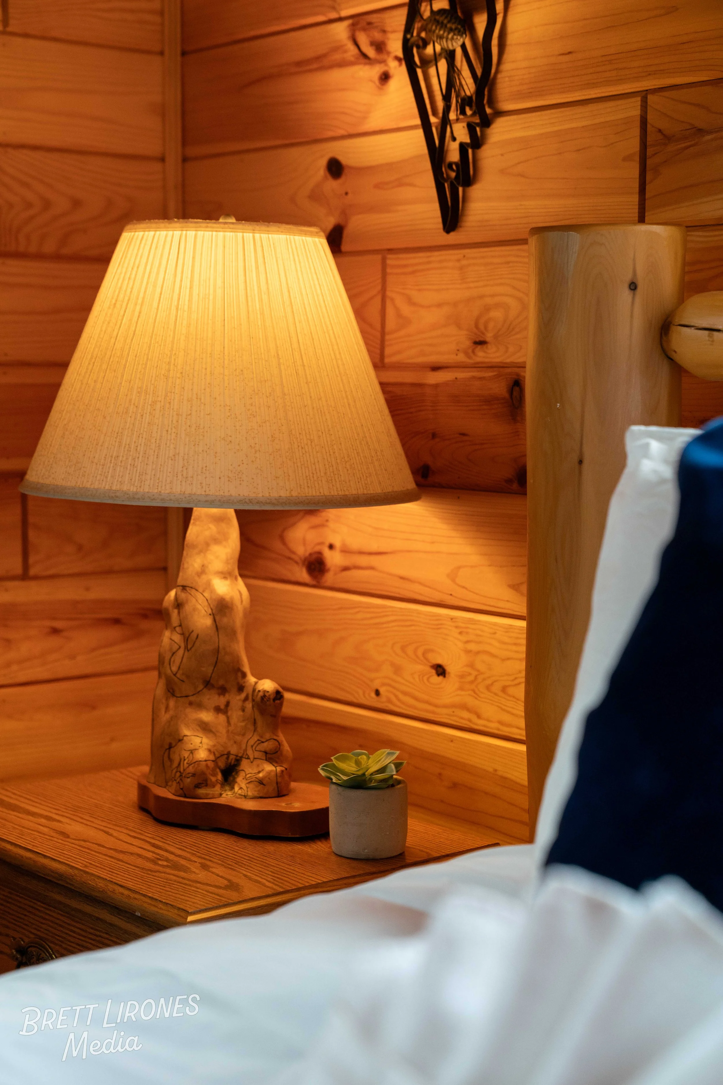 A wooden bedside table with a lit beige lampshade and a small potted succulent plant, set against a wood-paneled wall in a cozy room.