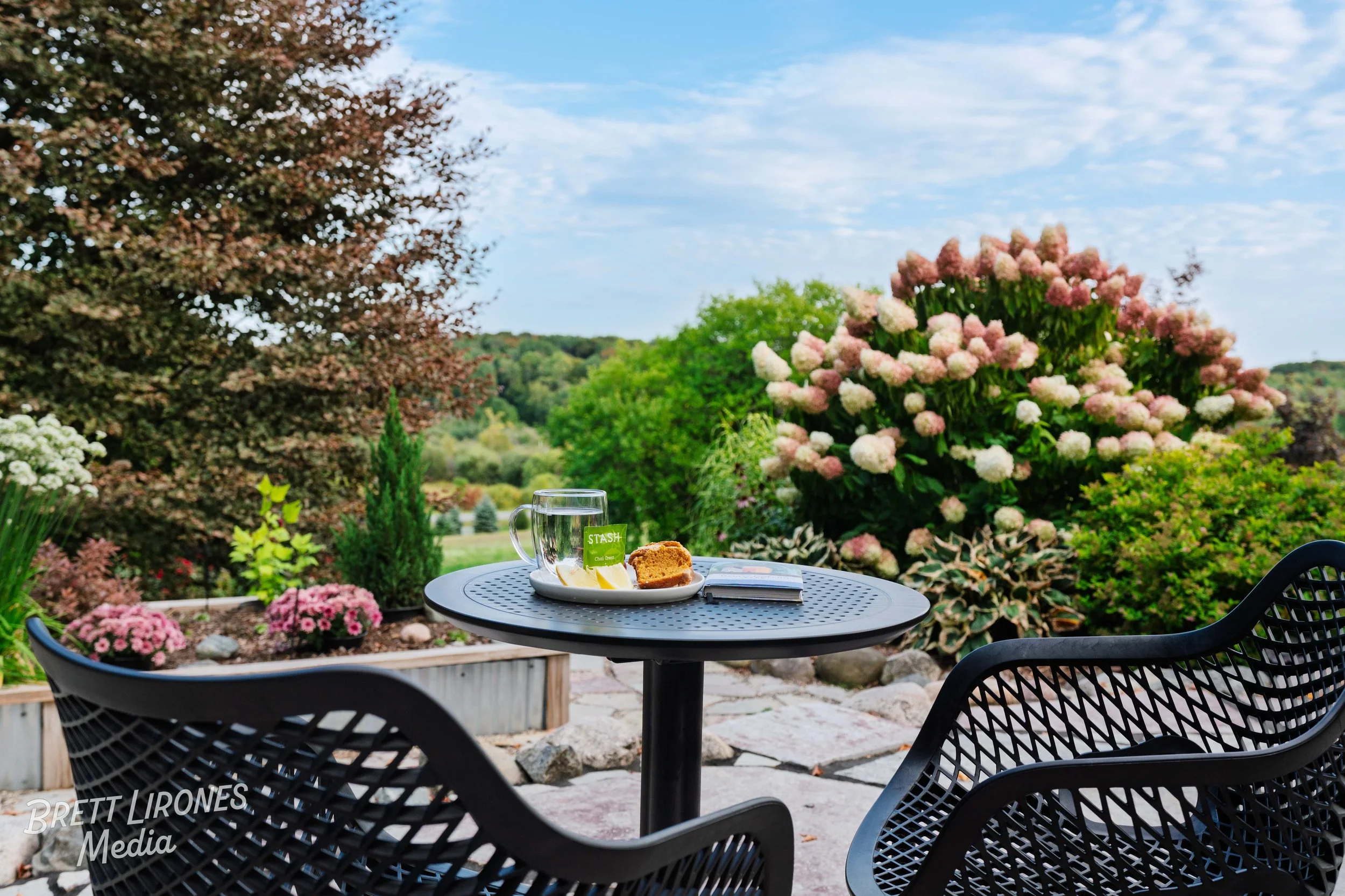 Outdoor patio table with a glass of water, a slice of cake, and a magazine, set on a stone-paved area with a scenic garden and trees in the background under a partly cloudy sky.