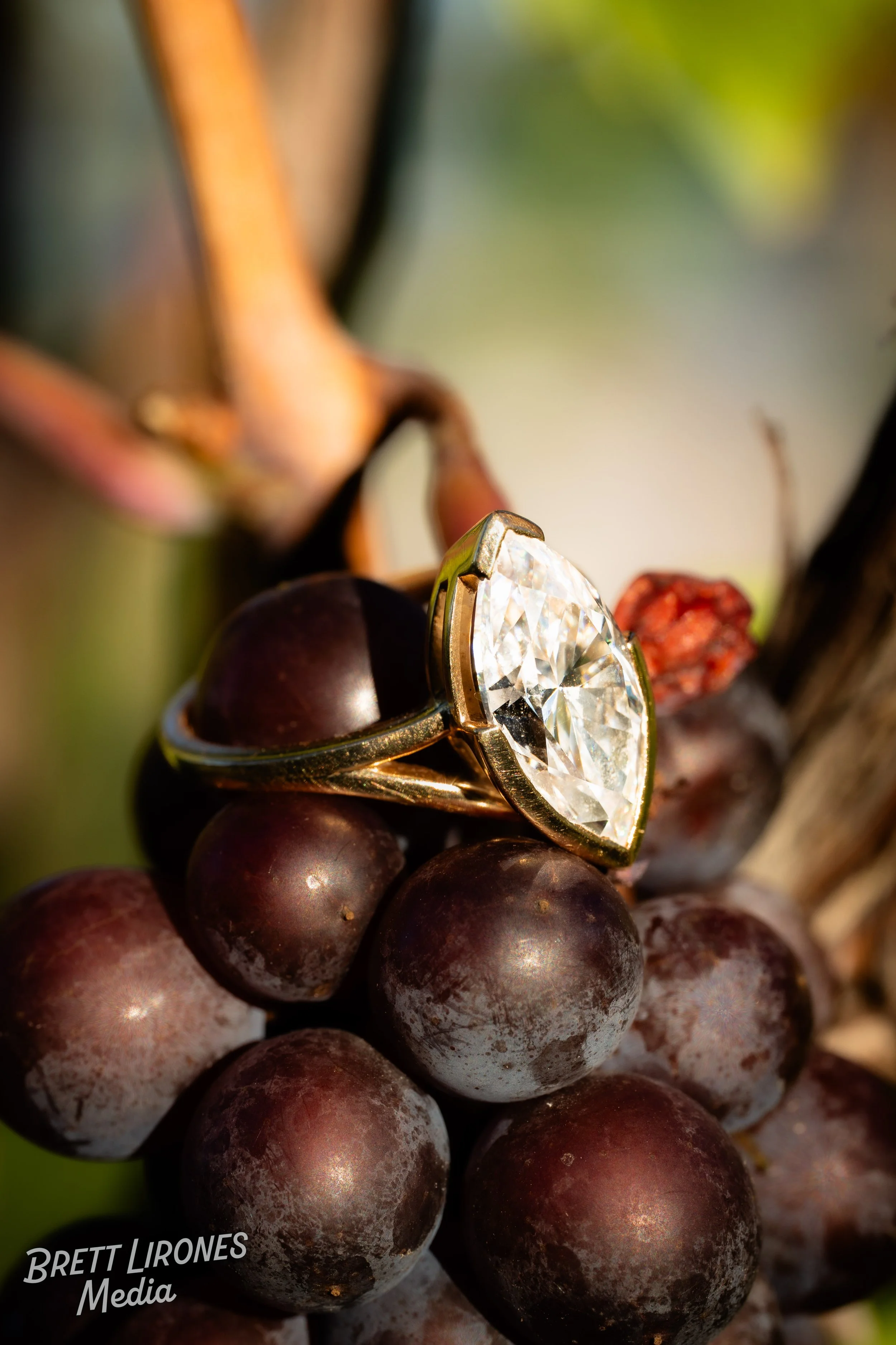 A close-up of a diamond engagement ring resting on a cluster of dark purple grapes.