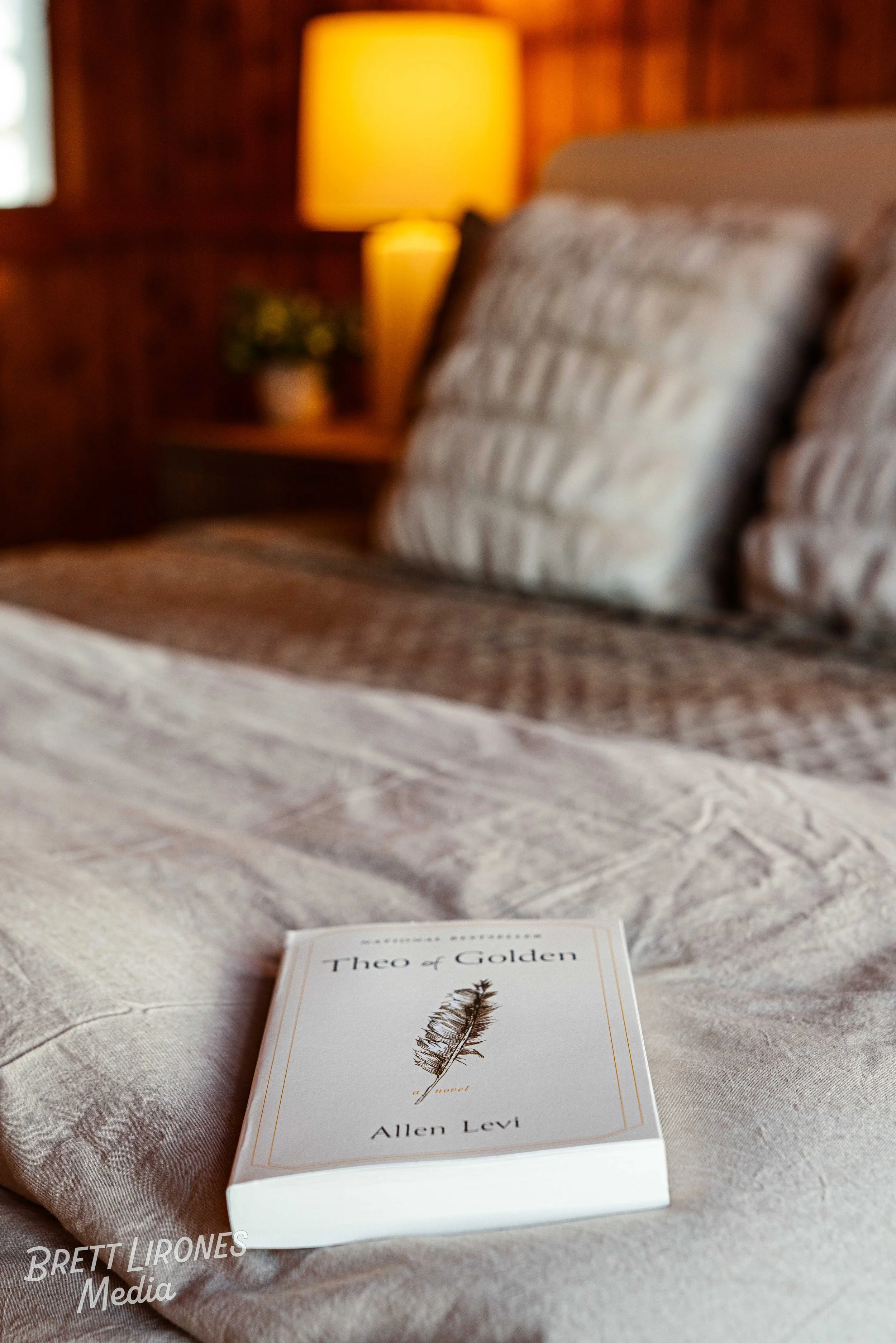 A book titled "Theo of Golden" is placed on a bed in a cozy, warmly lit bedroom with wooden walls and a bedside lamp, with pillows in the background.