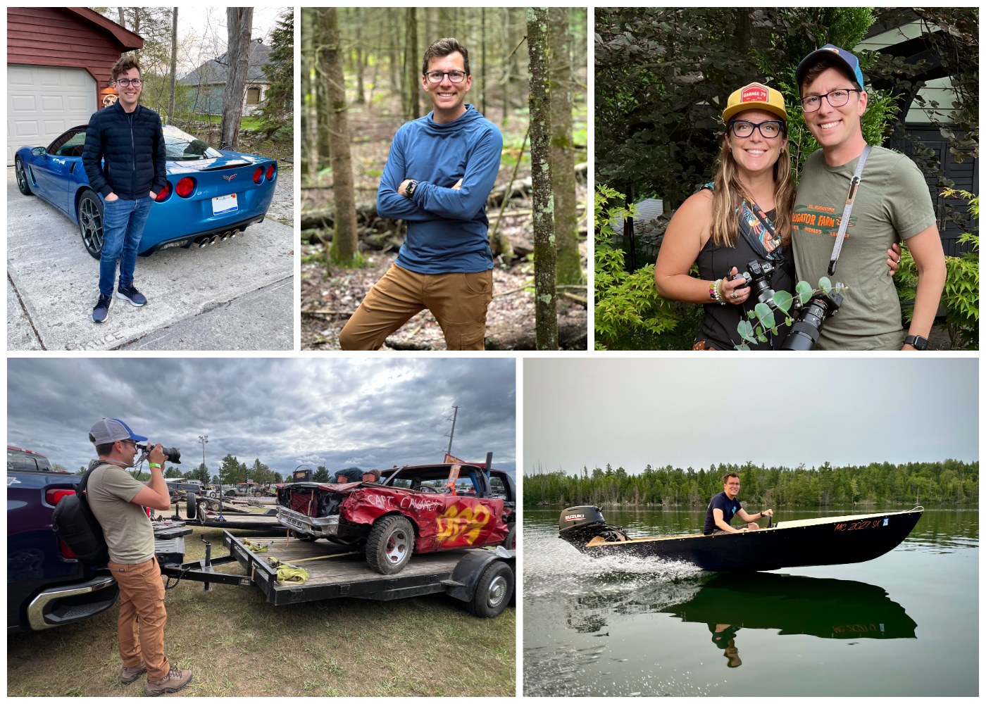 Collection of five outdoor scenes: a young man standing next to a blue sports car on a driveway, a man smiling in a wooded area, a couple with cameras posing outdoors, a man taking a photo of a damaged race car on a trailer at a parking lot, and a man riding a small motorboat on a calm lake with a forested shoreline.