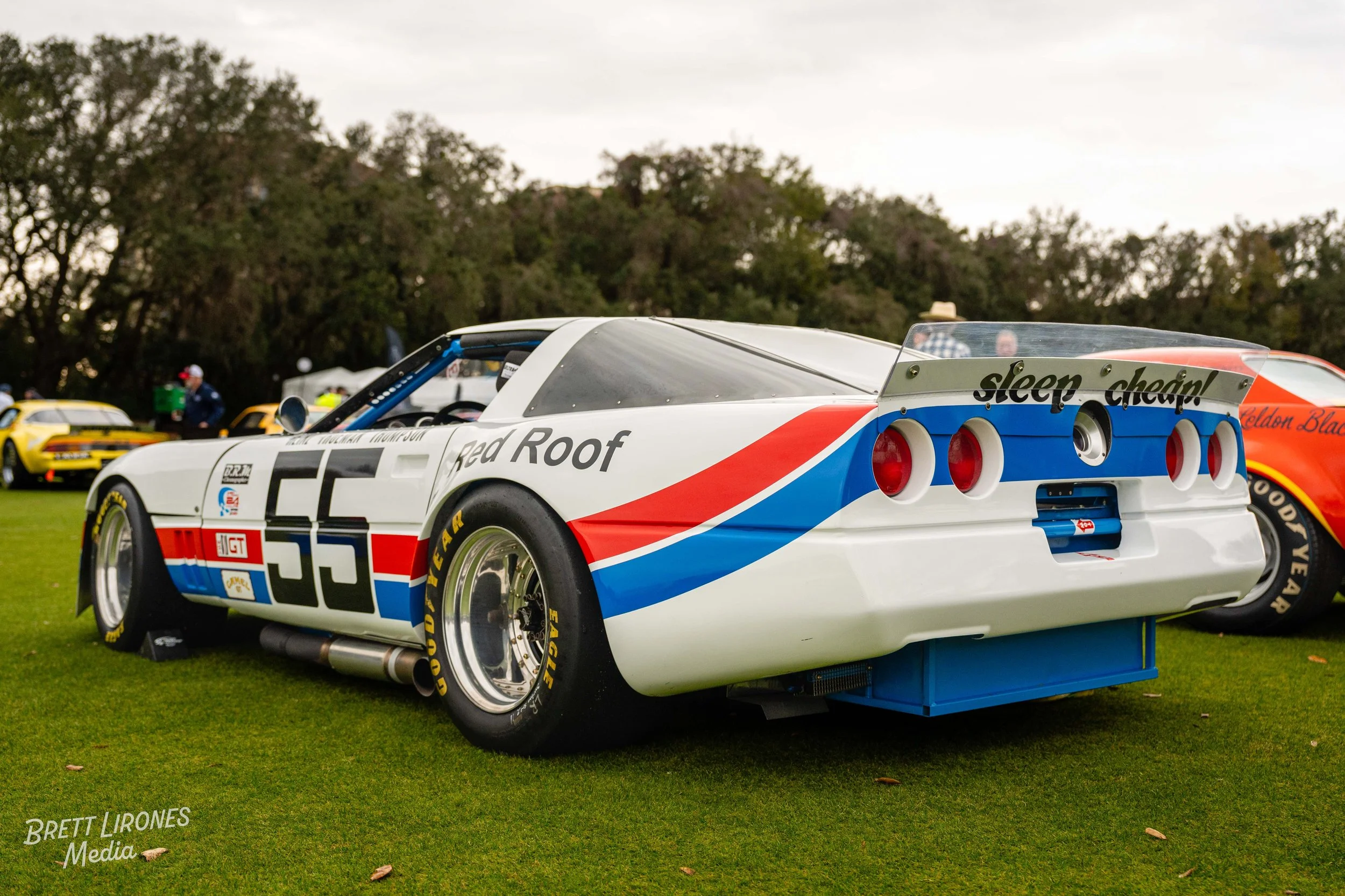 Race car with number 55, white with red and blue stripes, parked on grass at a car show, with other cars and trees in background.