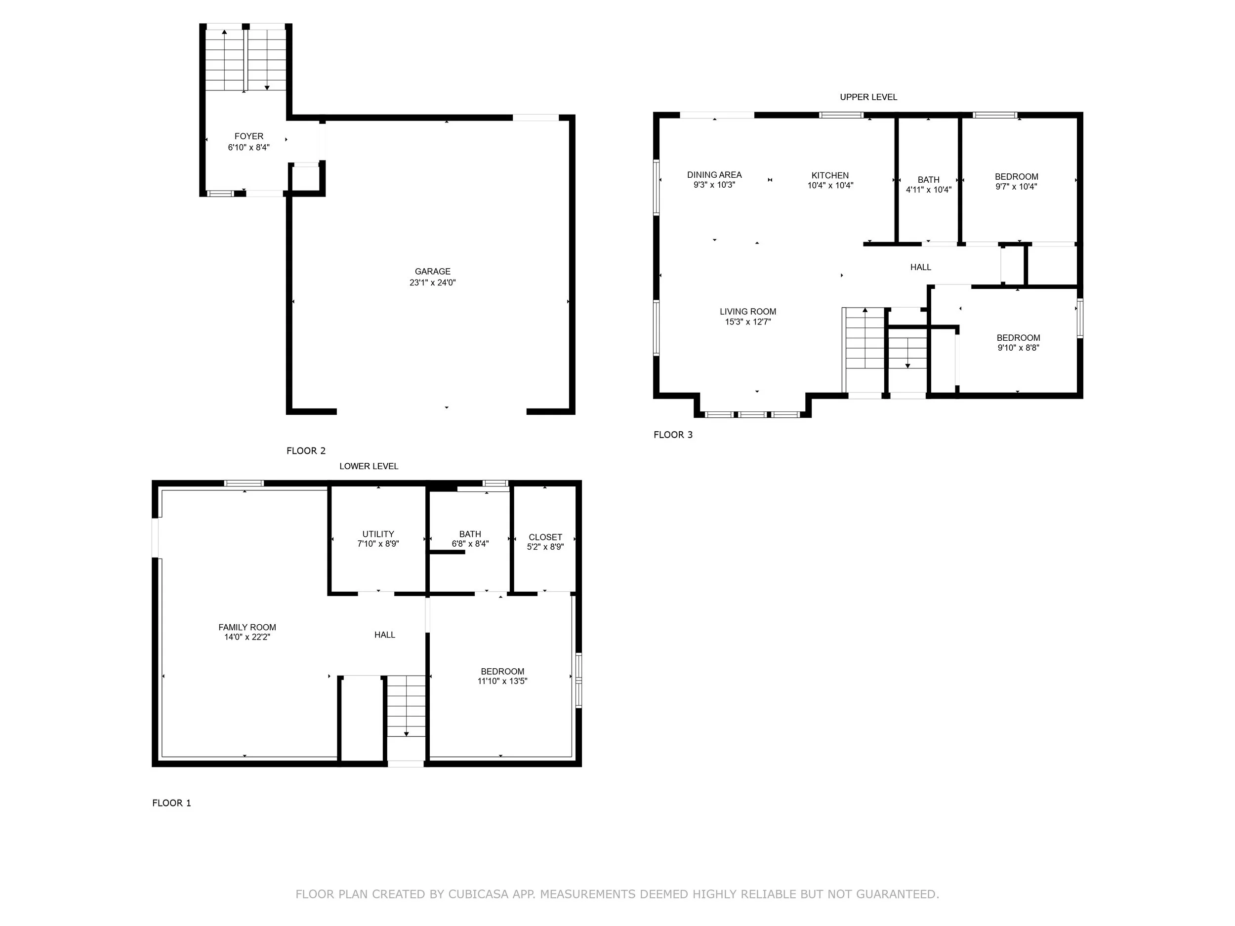 Floor plan of a three-story house, including a garage on the lower level, living areas on the main floor, and bedrooms and bathrooms on the upper level.