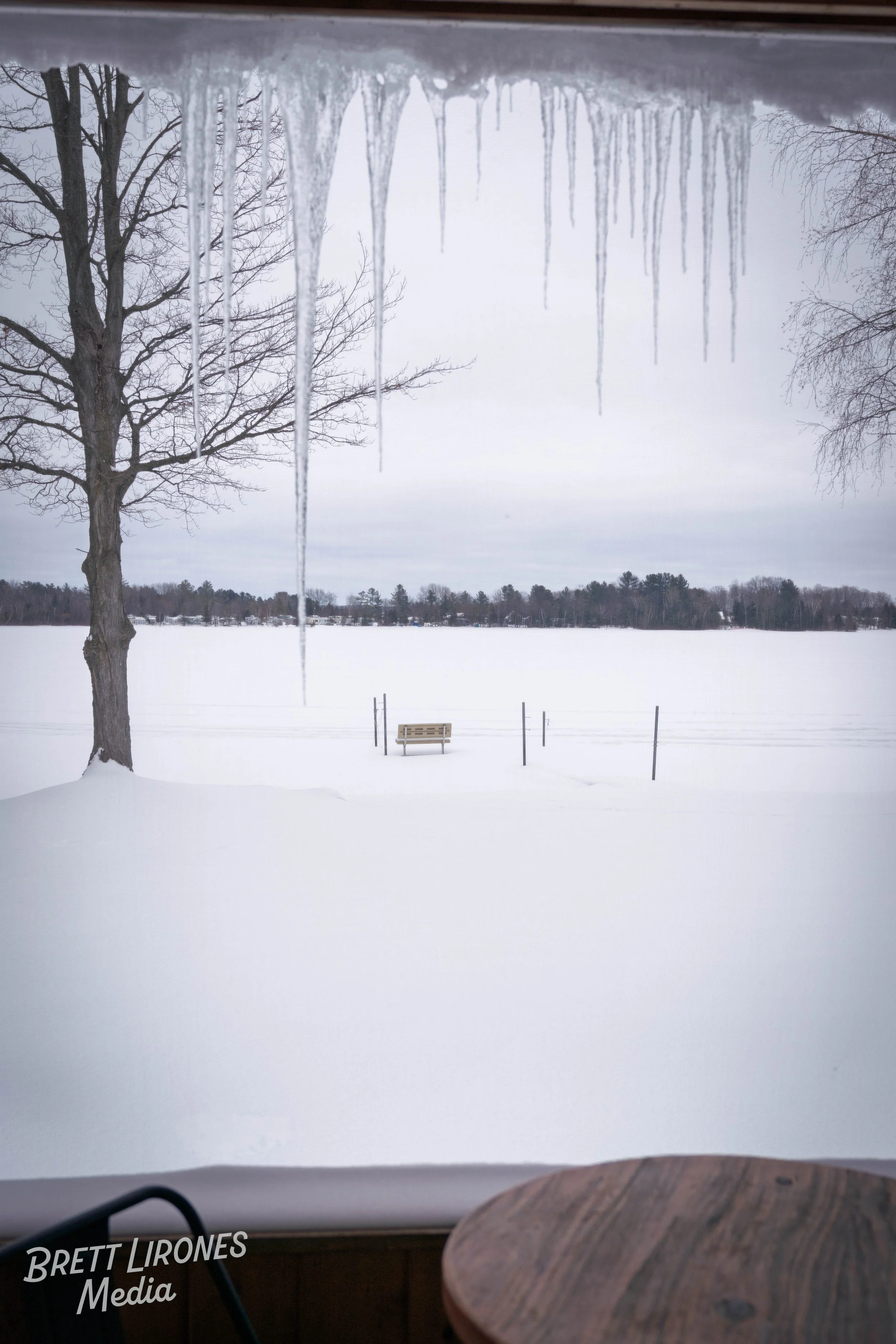 Snow-covered landscape with a large tree, bench, and utility poles in the distance, viewed through a window with icicles hanging from the top.