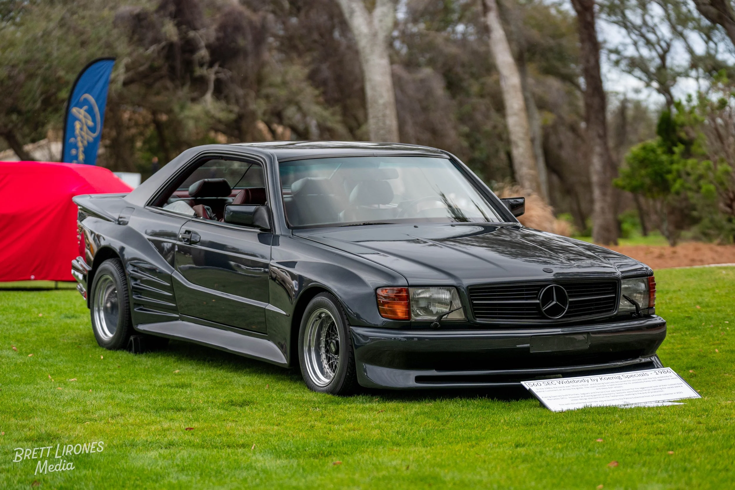 A black Mercedes-Benz 560 SEC Widebody car from 1986, displayed on a grass field at a car event, with a sign in front of it and trees in the background.