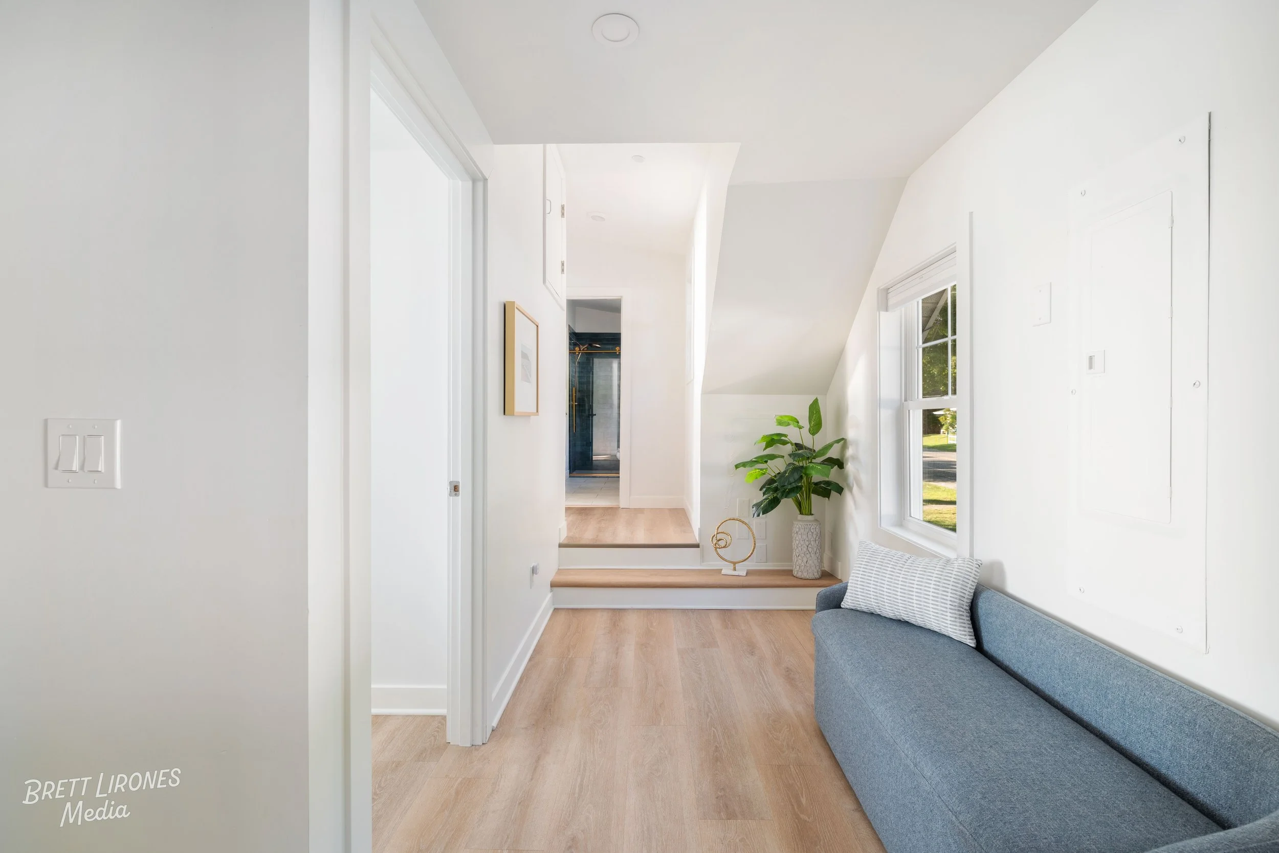 Bright modern living room with white walls, wood flooring, large windows, a blue sofa with a pillow, a potted plant, and artwork on the wall.