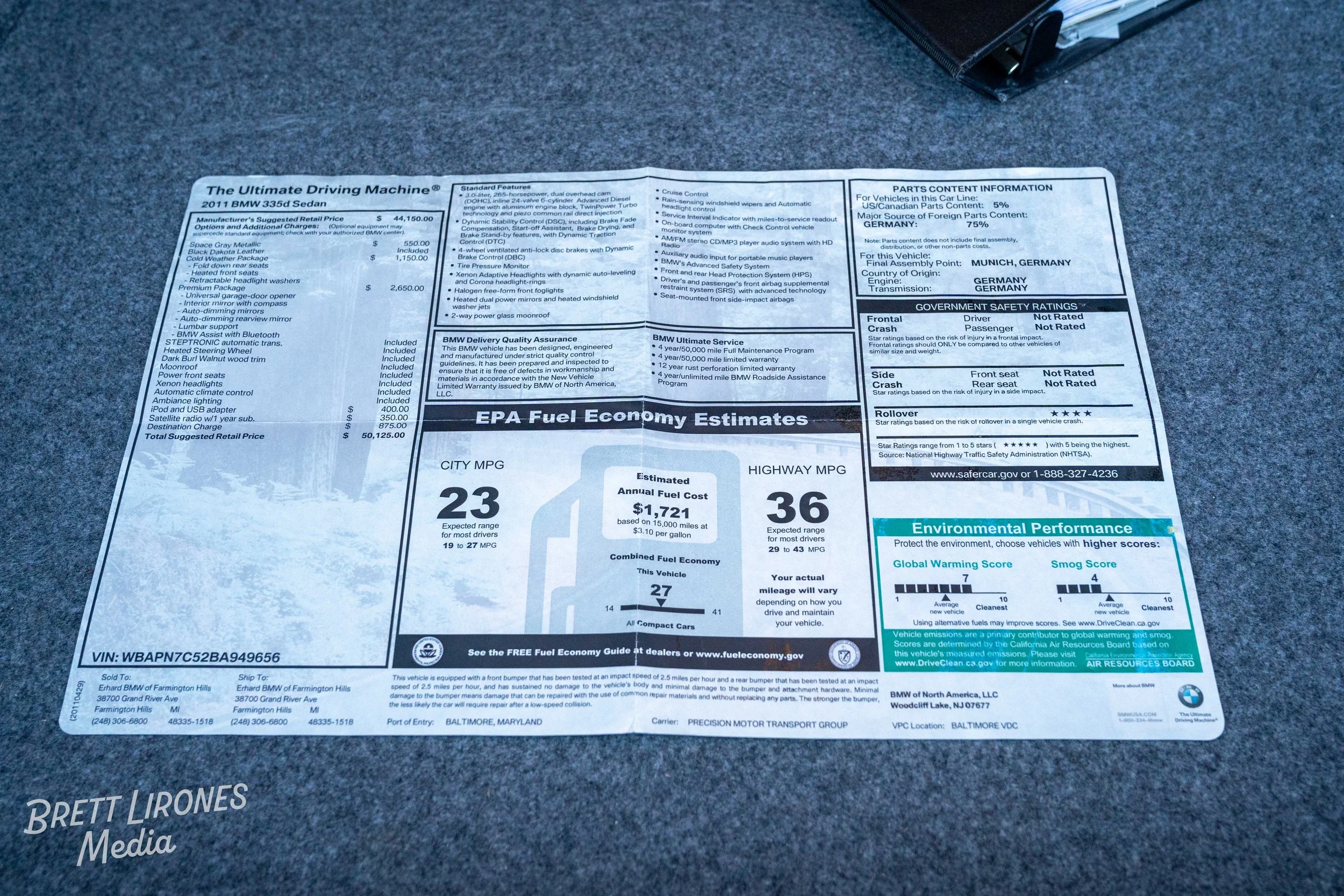 A car window sticker displaying EPA fuel economy estimates for a 2011 BMW 335d Sedan, showing 23 MPG city, 36 MPG highway, with an estimated annual fuel cost of $1,721, and environmental performance scores.