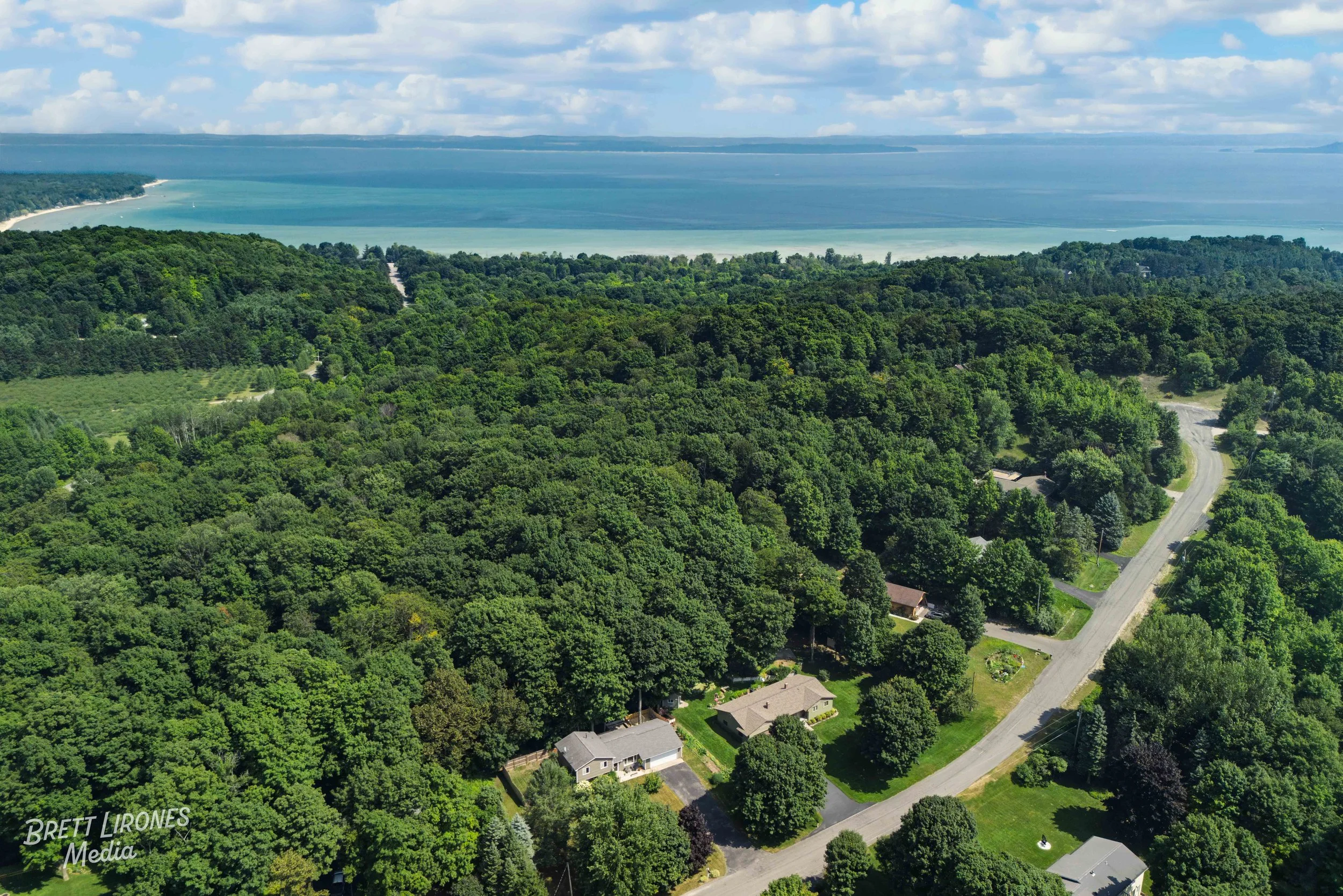 Aerial view of a green suburban neighborhood with houses and trees, near a large body of water under a partly cloudy sky.