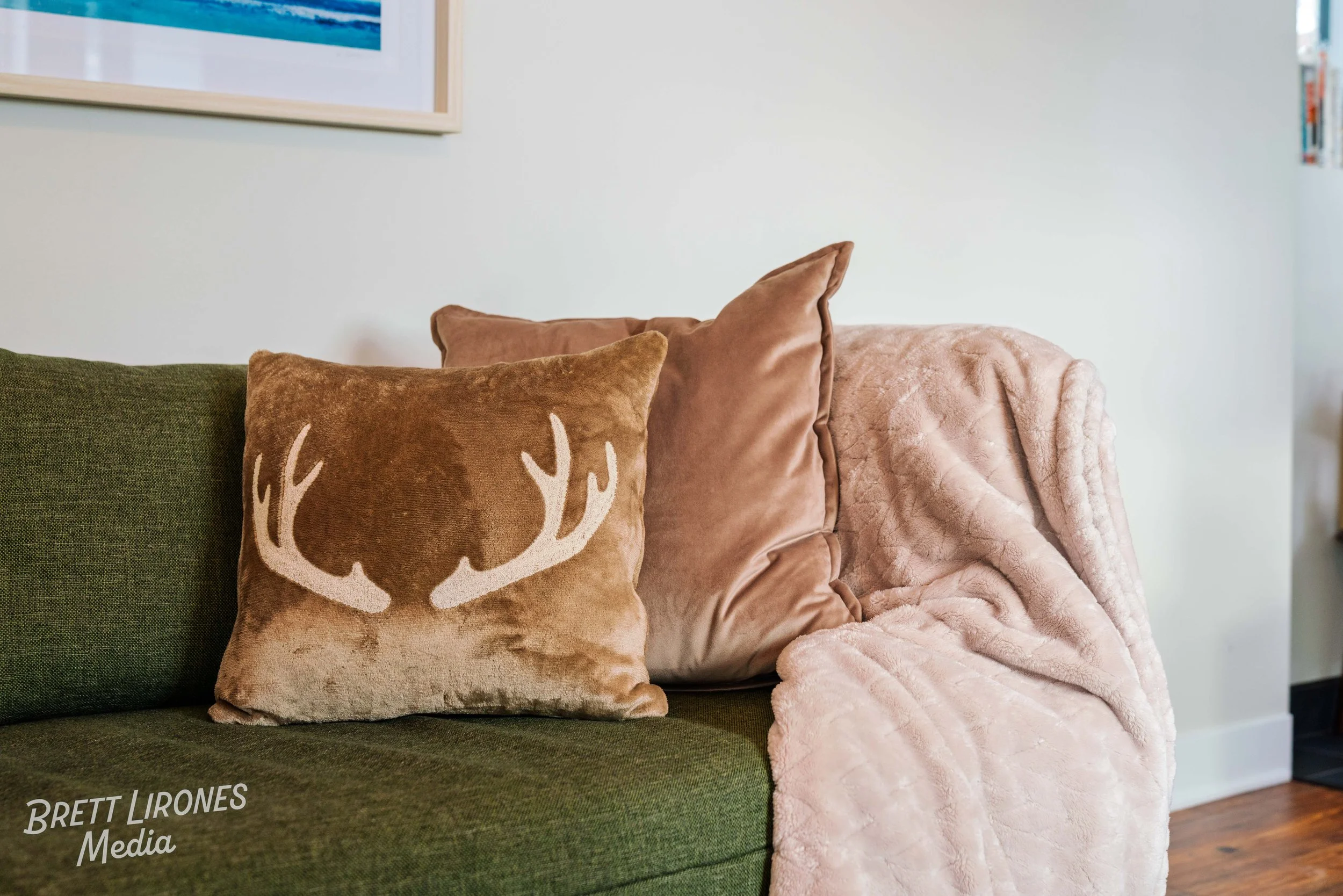 Close-up of a green sofa with three decorative pillows and a pink plush blanket. One pillow has a brown cover with a white deer antler design, and the others are plain brown and pink. A framed picture is partially visible on the wall above.