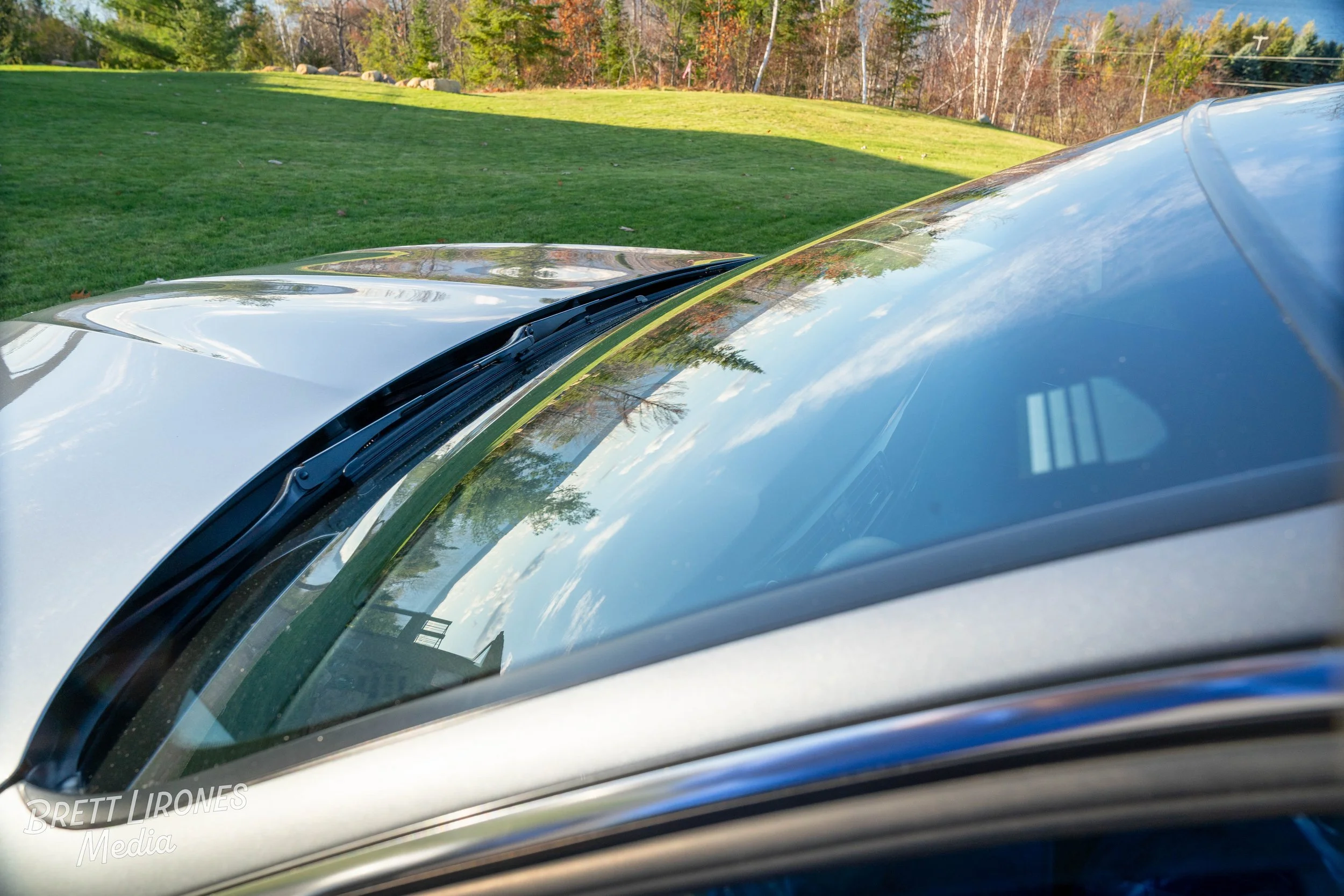 Close-up of a car's hood with reflections of trees and blue sky, showing part of the windshield and front fender on a sunny day.