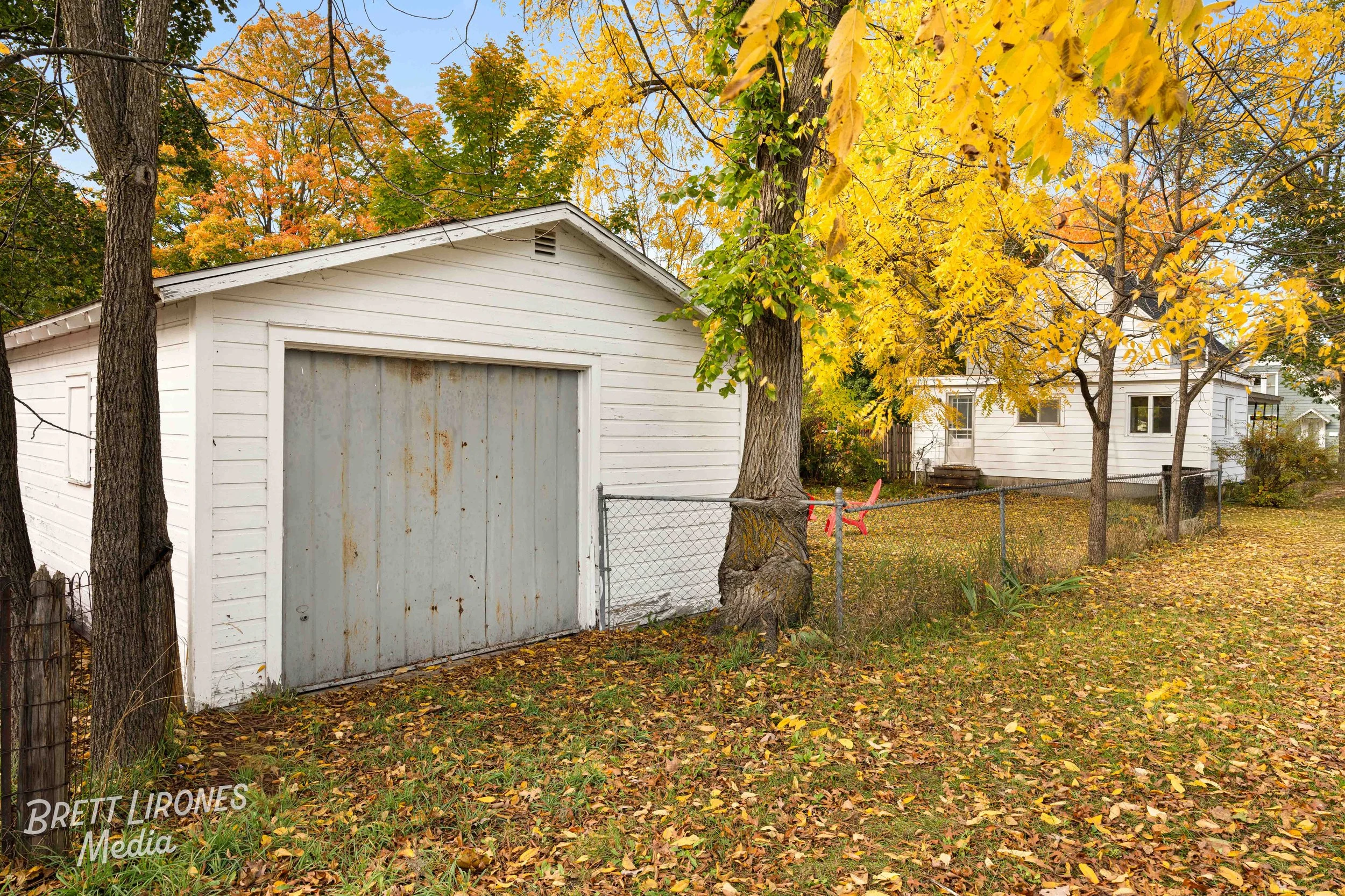 A backyard with a white shed, trees with yellow and orange autumn leaves, and a chain-link fence. There is a pink chair near the house, and the ground is covered with fallen leaves.