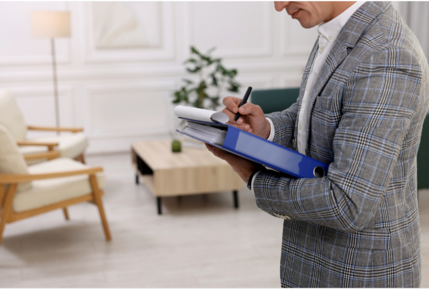 A man in a plaid gray blazer writes in a notebook while holding a blue folder in a bright, modern living room.