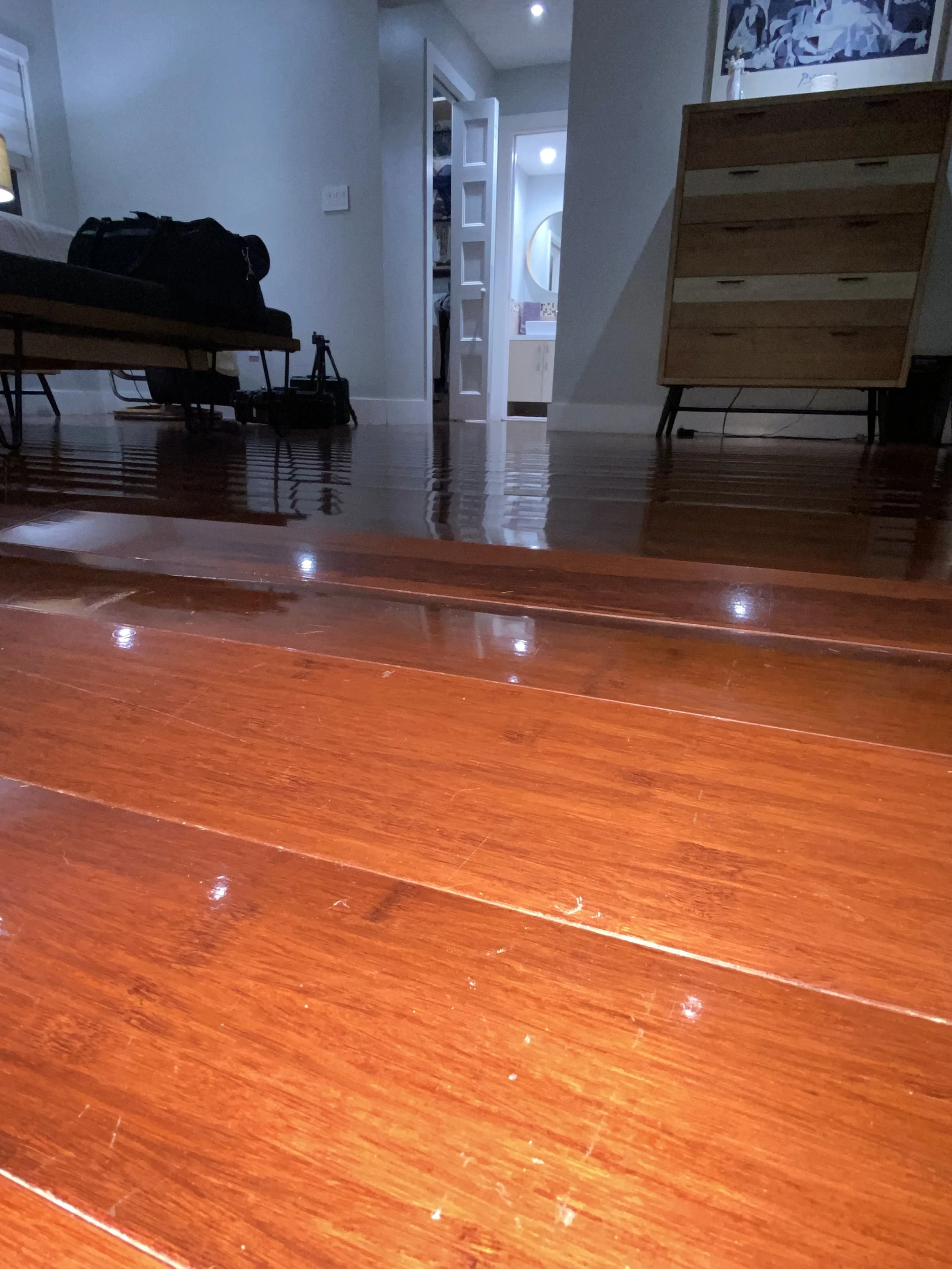 Close-up view of polished hardwood floor with reflections, part of a room with furniture and open door leading to a bathroom.