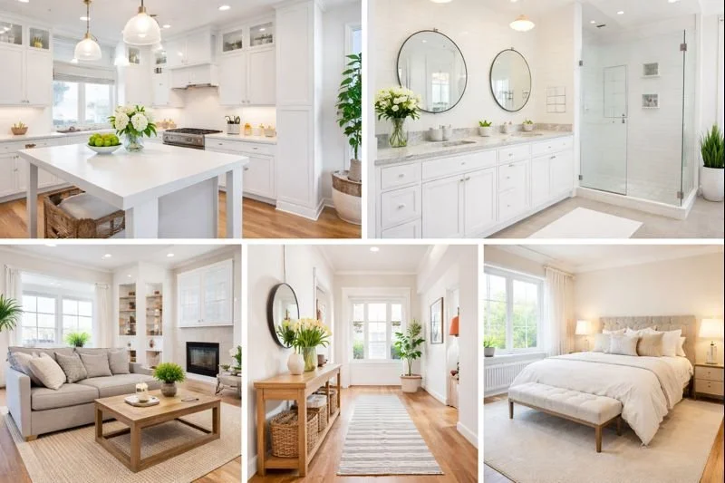 Collage of five images showing a bright, modern home interior, including a white kitchen, bathroom, living room, hallway, and bedroom, all with large windows and minimalist decor.