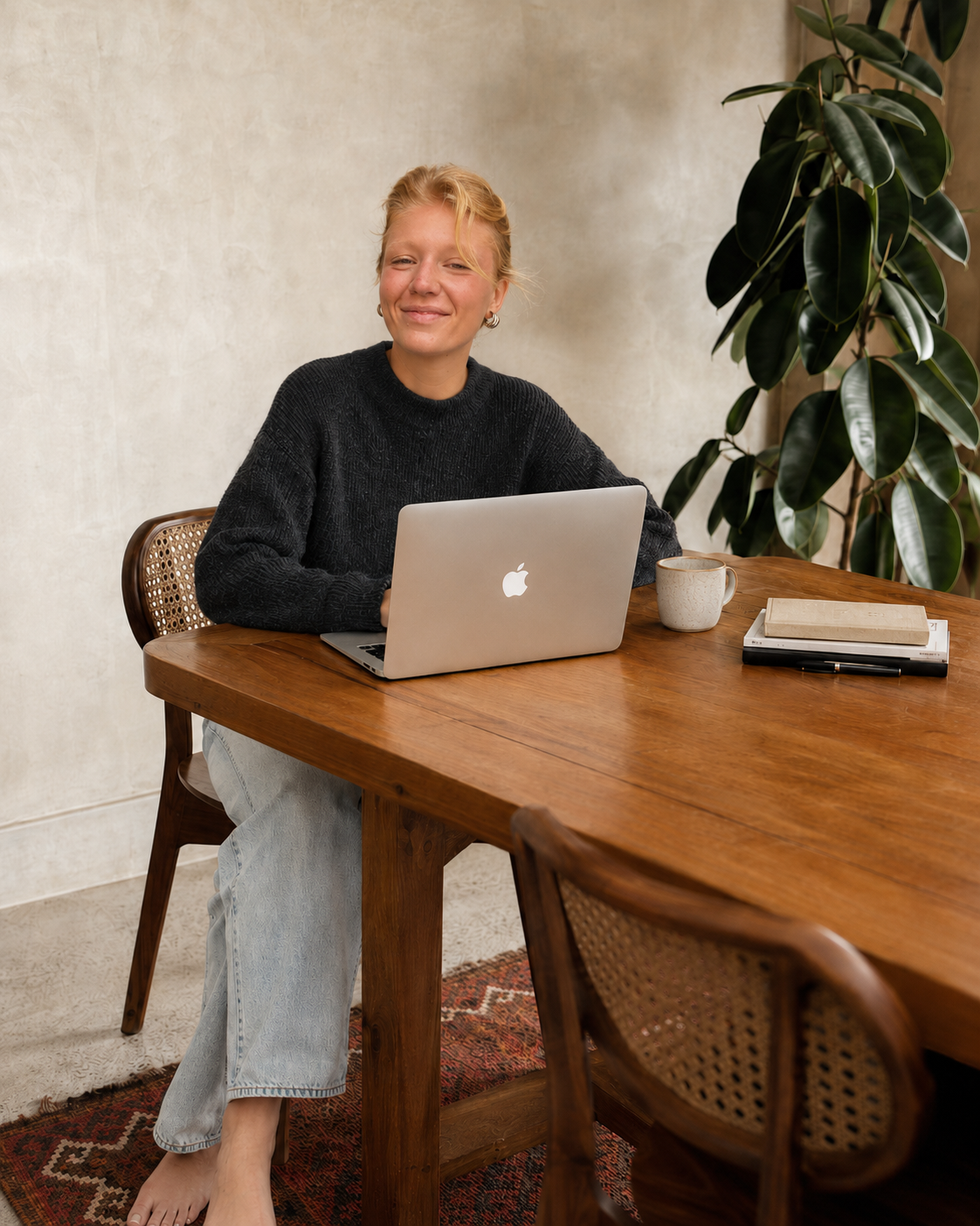 Ava Haag, founder of The Femme Explorer Studio, working on a laptop at a wooden table.