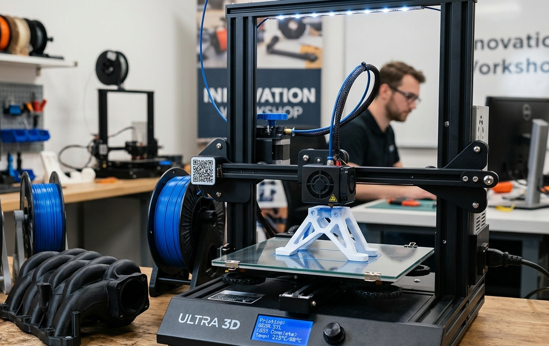 3D printer printing a white geometric object in a workshop.