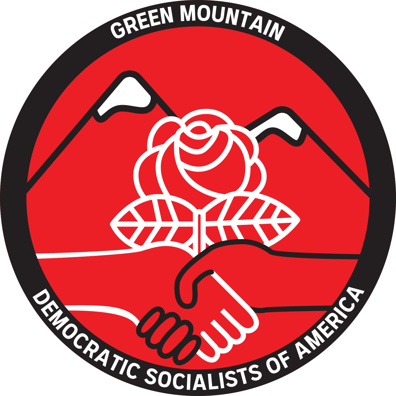 A circular emblem with mountains in the background, a red rose with green leaves in the foreground, and two hands shaking at the bottom. The border has the text "Green Mountain Democratic Socialists of America."