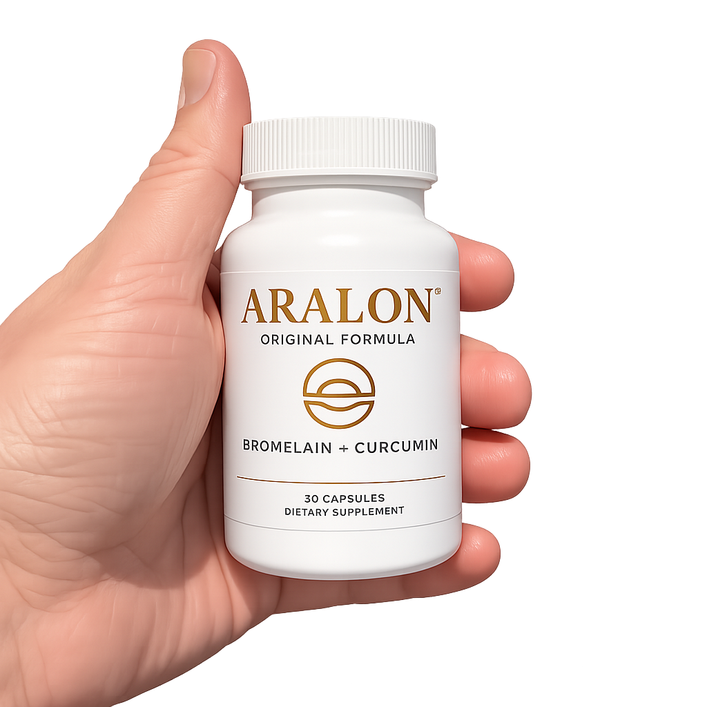 Hand holding a bottle of Aralon dietary supplement containing bromelain and curcumin.