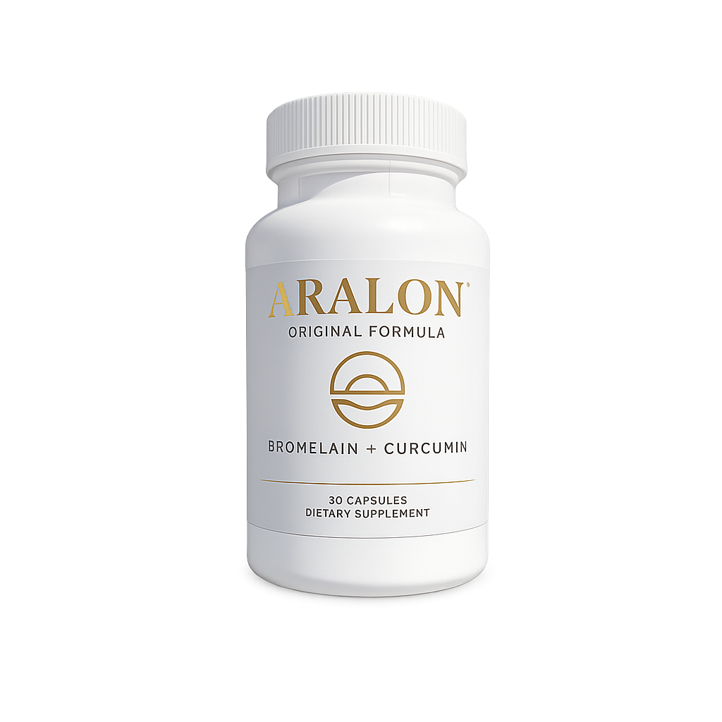 White bottle of Aralon dietary supplement capsules with a white lid, labeled with gold and black text, indicating bromelain and curcumin ingredients, containing 30 capsules.