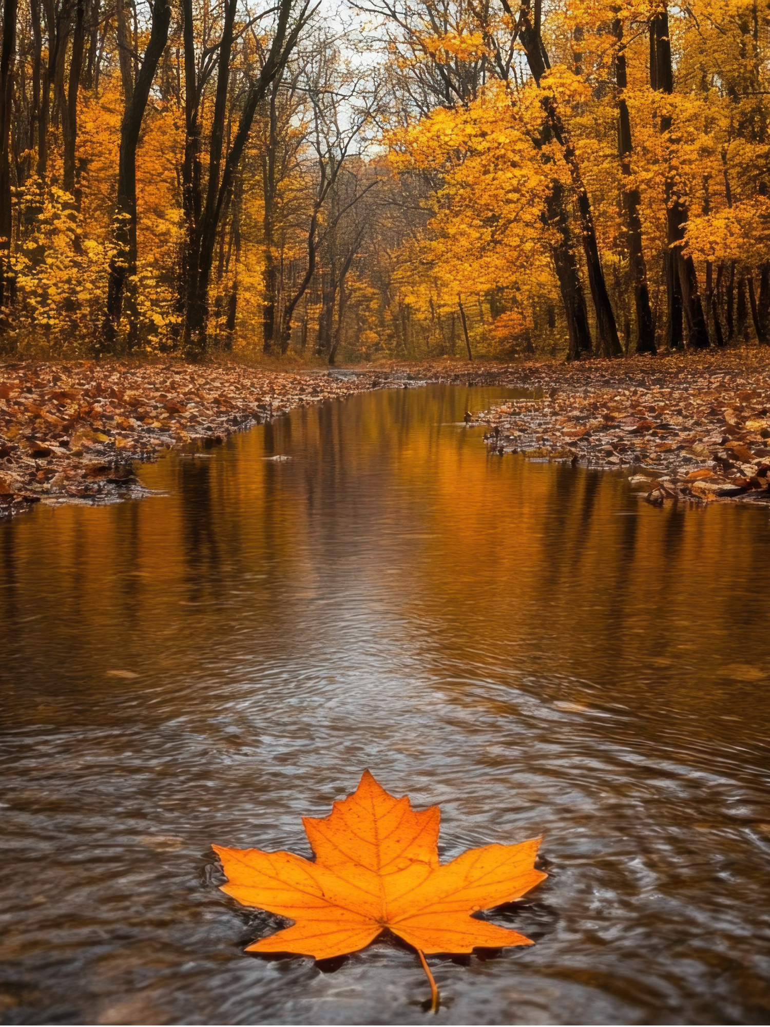 Autumn scene with a single orange maple leaf floating on a calm stream, surrounded by fallen leaves and trees with yellow and orange foliage.