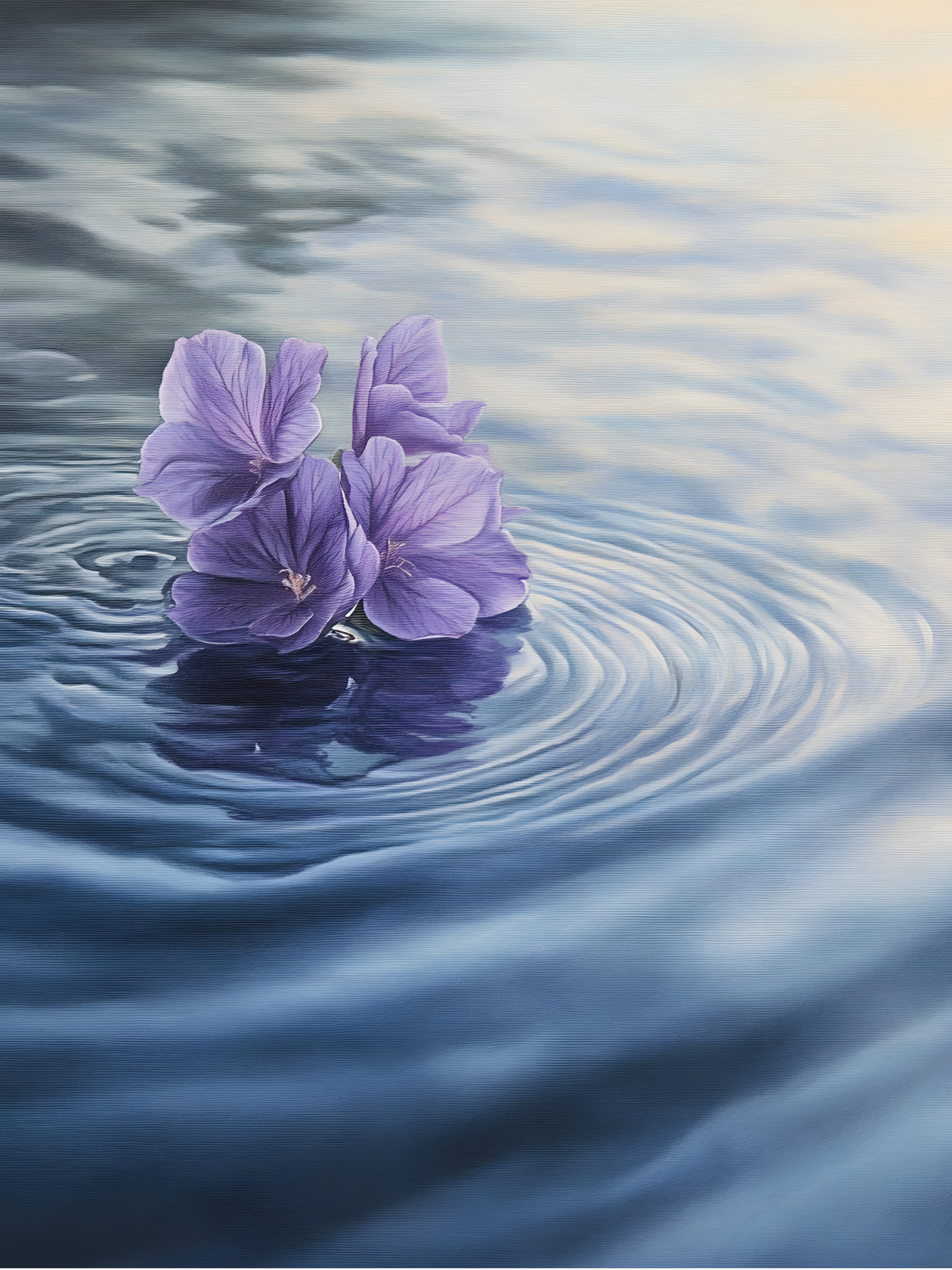 Purple flowers floating on rippling water with a soft light background. Calming state for counselling online therapy