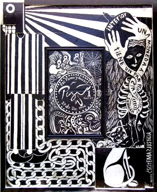 Titulo: La Mortaja de La Paz
Medidas:  1.0287 m X 1.27m
Técnica:  Mixta sobre Madera
Mención Honorifica: Juannio 2006
Año: 2005