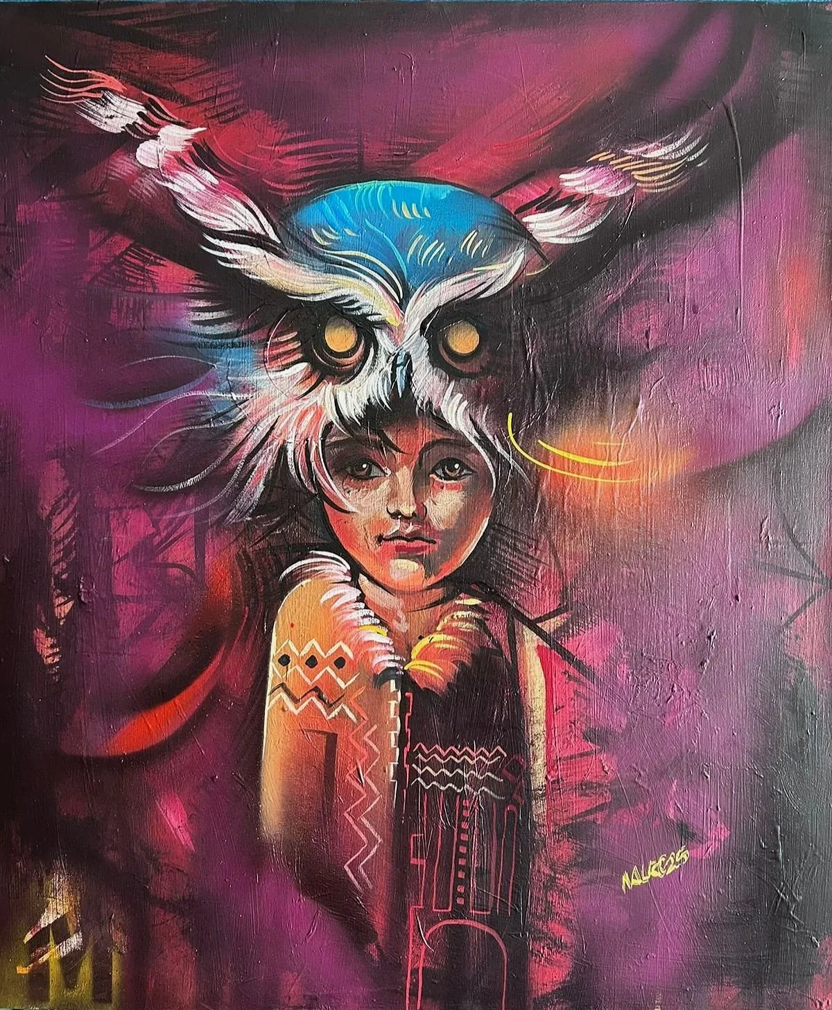 Titulo: Niño Buho
Medidas: 100cm X 80cm
Técnica: Acrílico sobre lienzo
Año: 2025