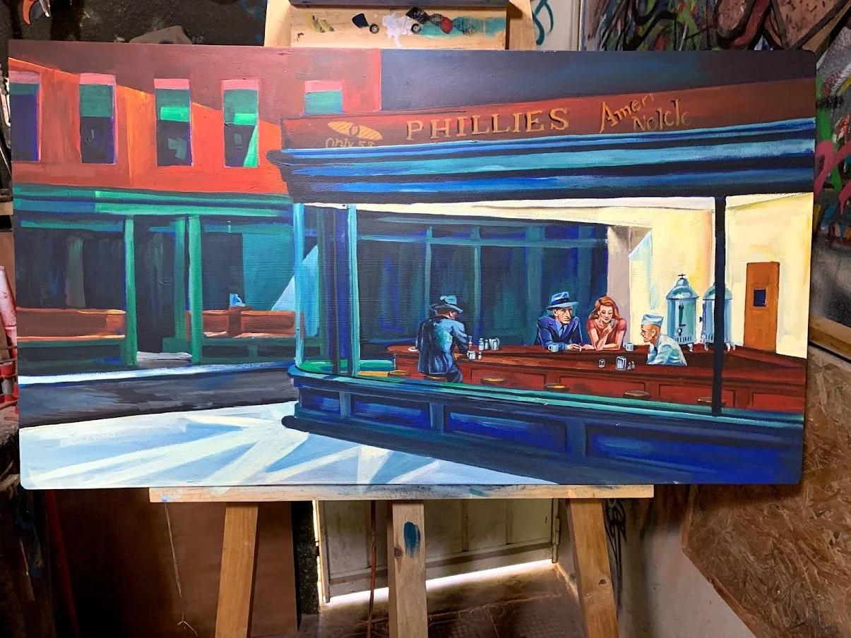 Pintura inspirada en Edward Hopper año 2014, encargo cliente en Antigua Guatemala