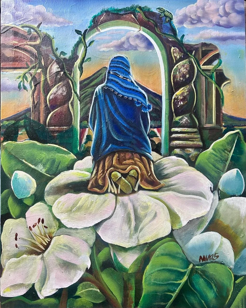 Titulo: Mujer en el Templo, 
Medidas: 45.5 cm X 35.5cm 
Técnica: Acrílico sobre lienzo
Año: 2025
