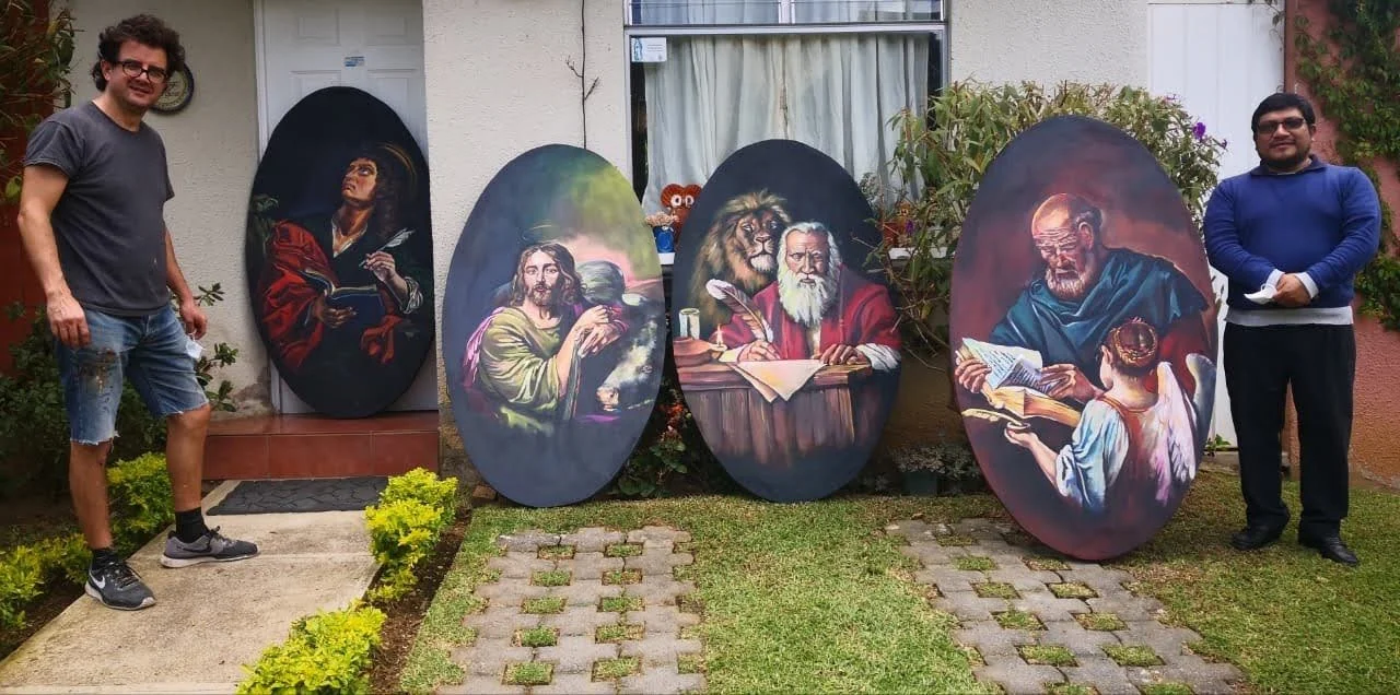 Pintura cuatro evangelistas realizada en el 2020 para la parroquia de Santiago Sacatepéquez