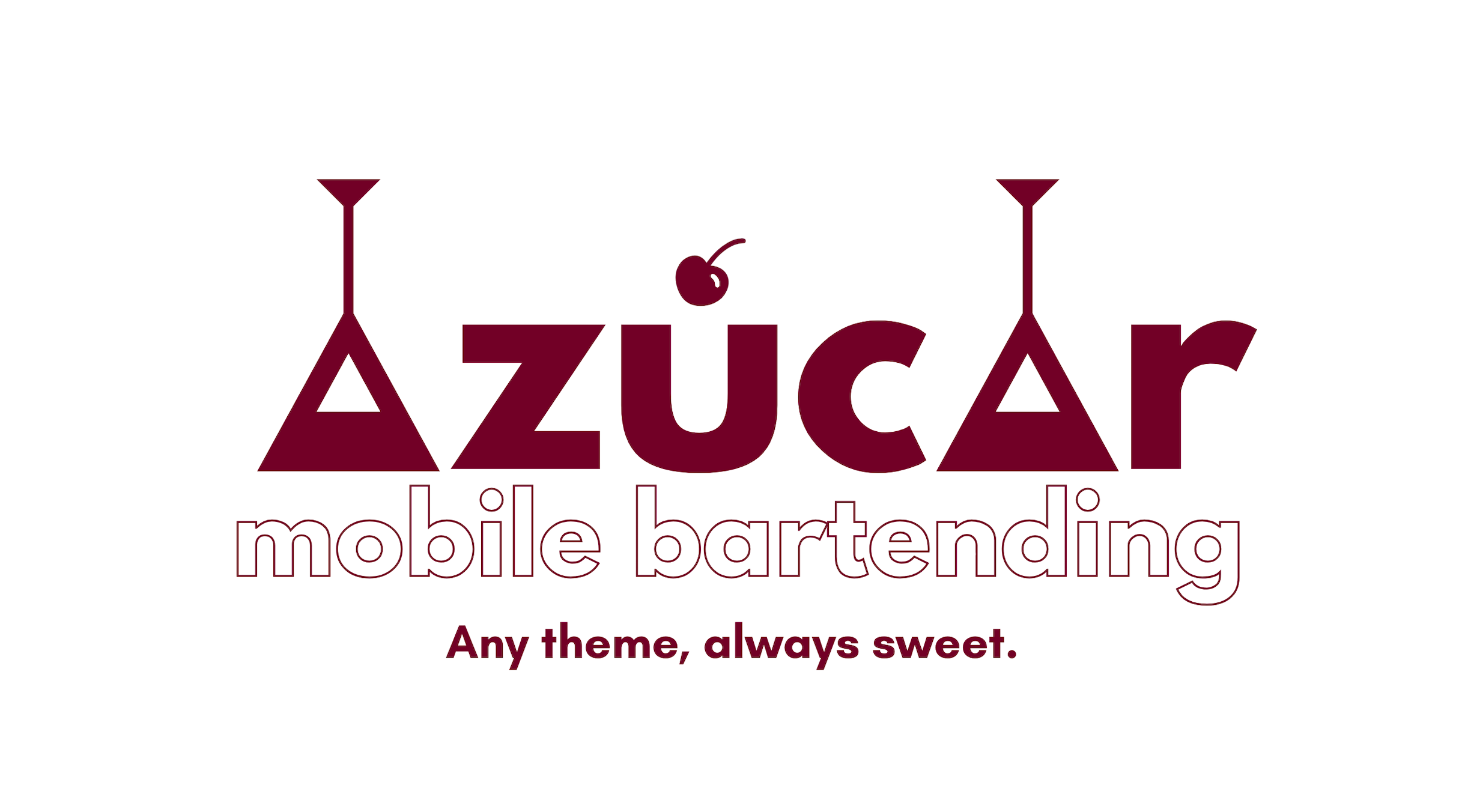 Logo for Azúcar mobile bartending with the tagline 'Any theme, always sweet' and illustrations of martini glasses and a cherry.
