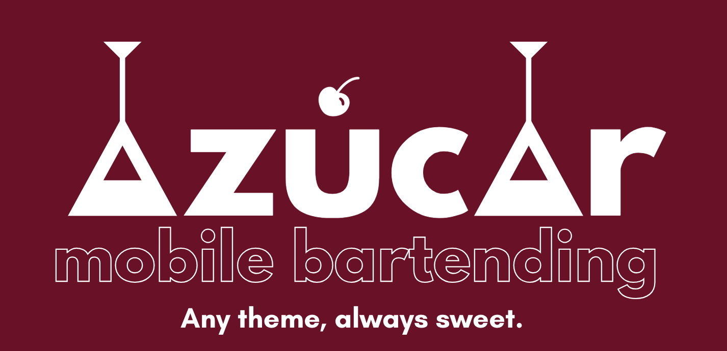 Logo for Azúcar Mobile Bartending with a maroon background, stylized white text with cherries replacing the letter 'u', and the tagline 'Any theme, always sweet.'
