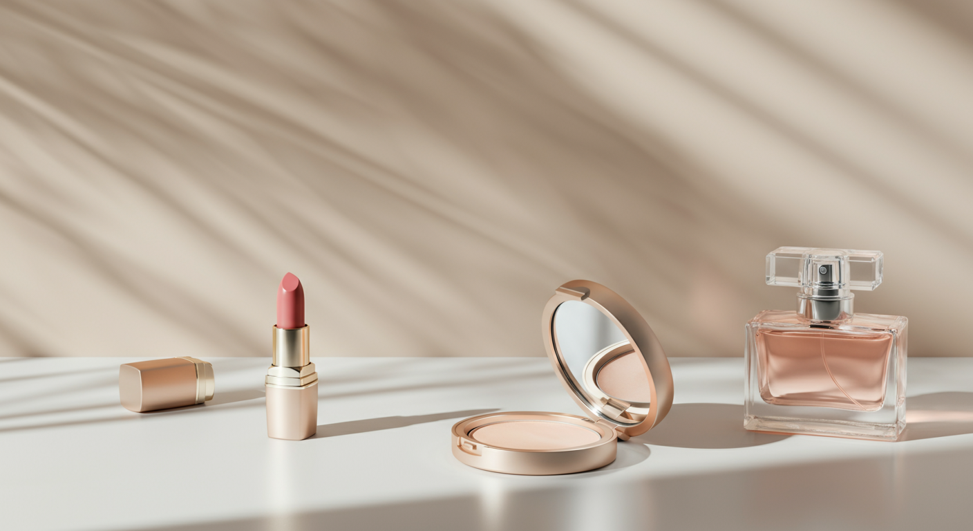 Makeup and perfume items on a white surface with soft shadow and diagonal light pattern. Includes lipstick, compact mirror, and perfume bottle.