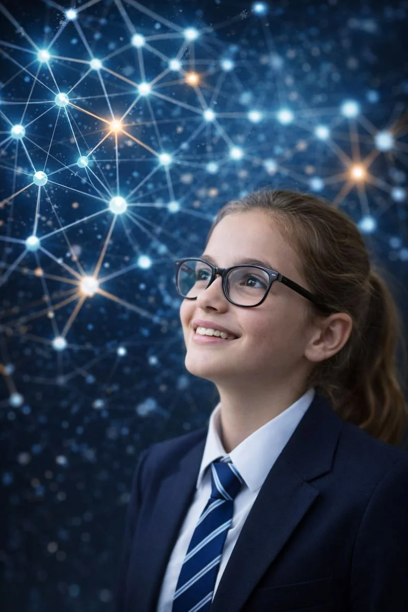 Young girl with curly hair smiling while using a laptop at a kitchen table, woman in yellow shirt talking on the phone in background.