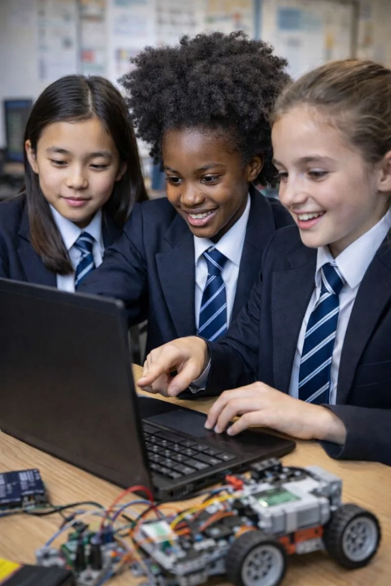 Three diverse schoolgirls in uniform working together with a laptop in a classroom, with a robot and electronic components on the table.
