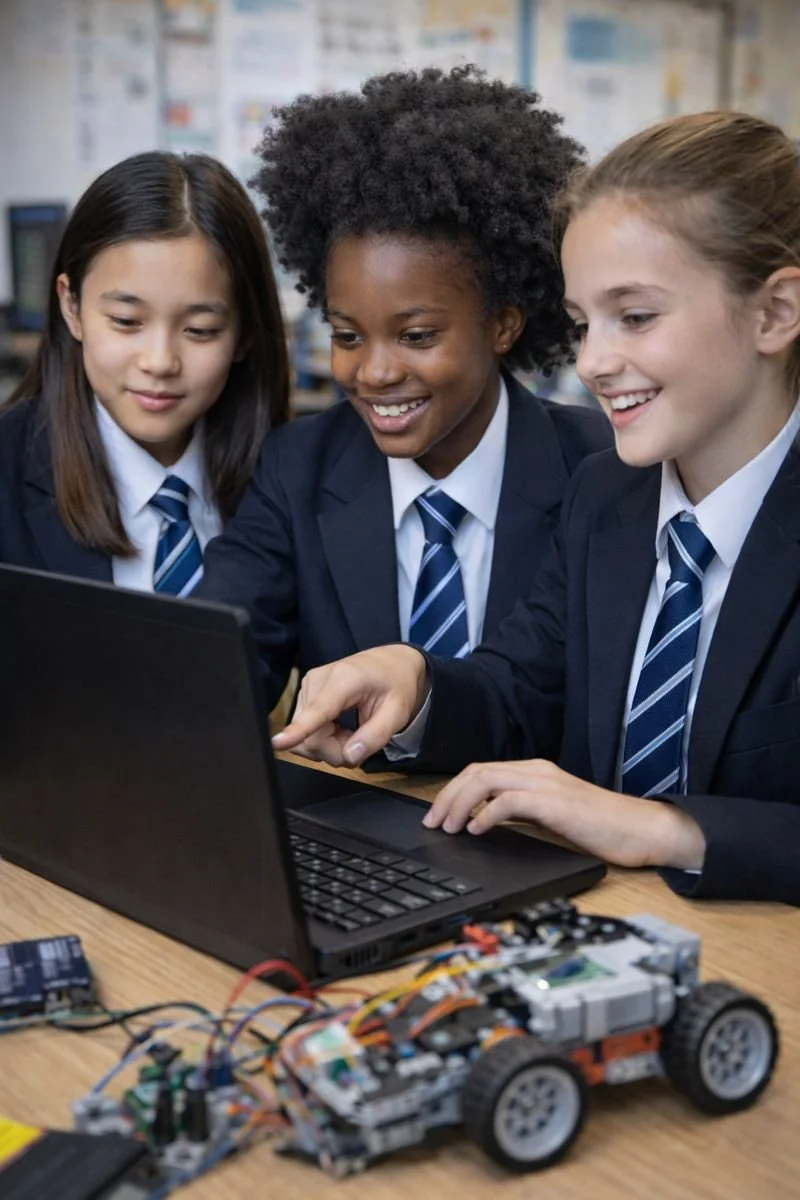 3 girls year 9-11 programming on a laptop