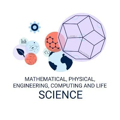 Illustration of scientific icons including a gear, DNA strand, atom, leaf, water droplet, globe, and geometric shapes with the text 'Mathematical, Physical, Engineering, Computing and Life Science'.