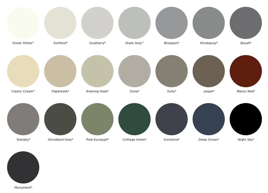 A collection of available colours for roofing options.